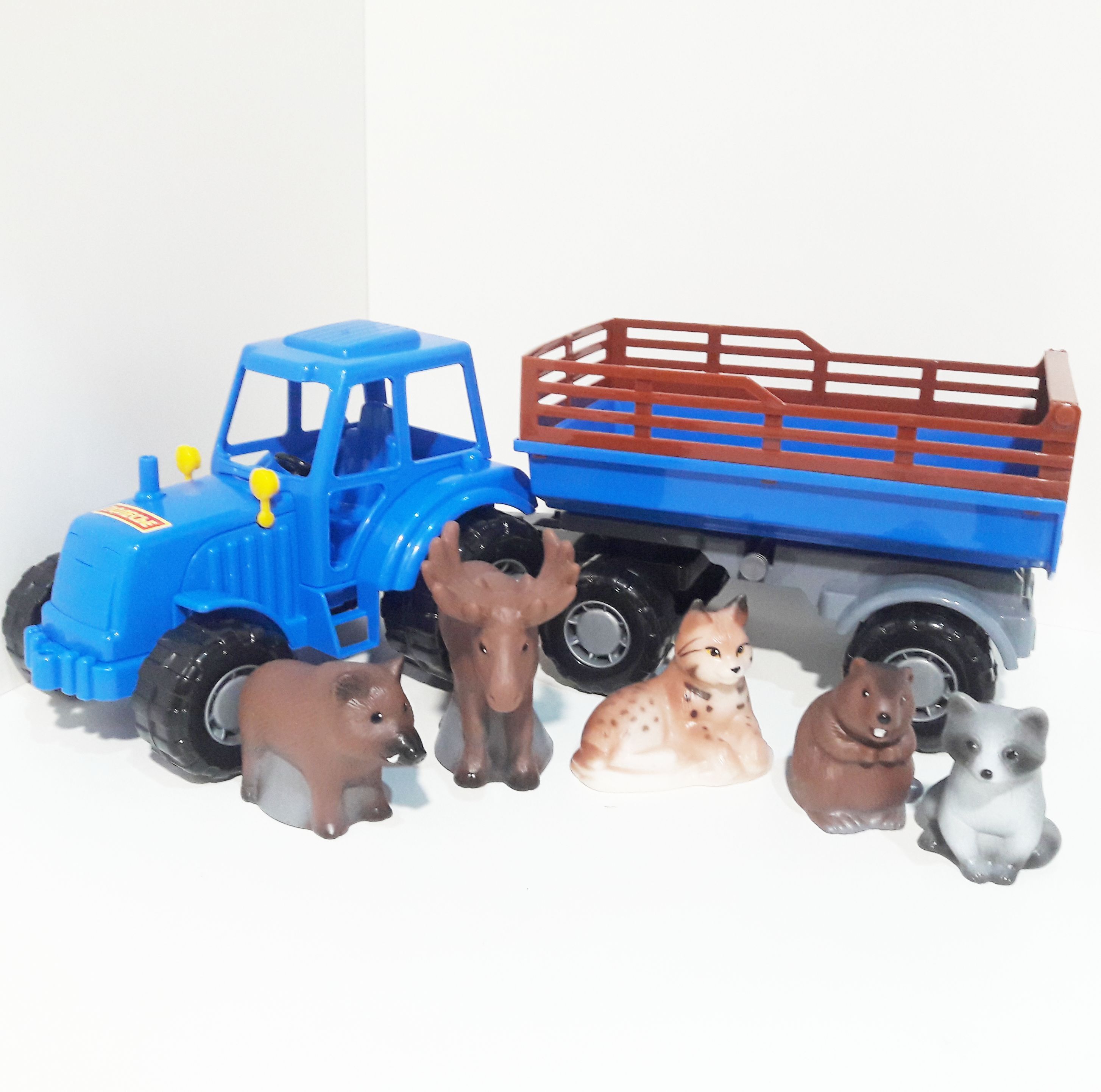 Синий трактор с прицепом 44 см и 5 высококачественных животных русского леса