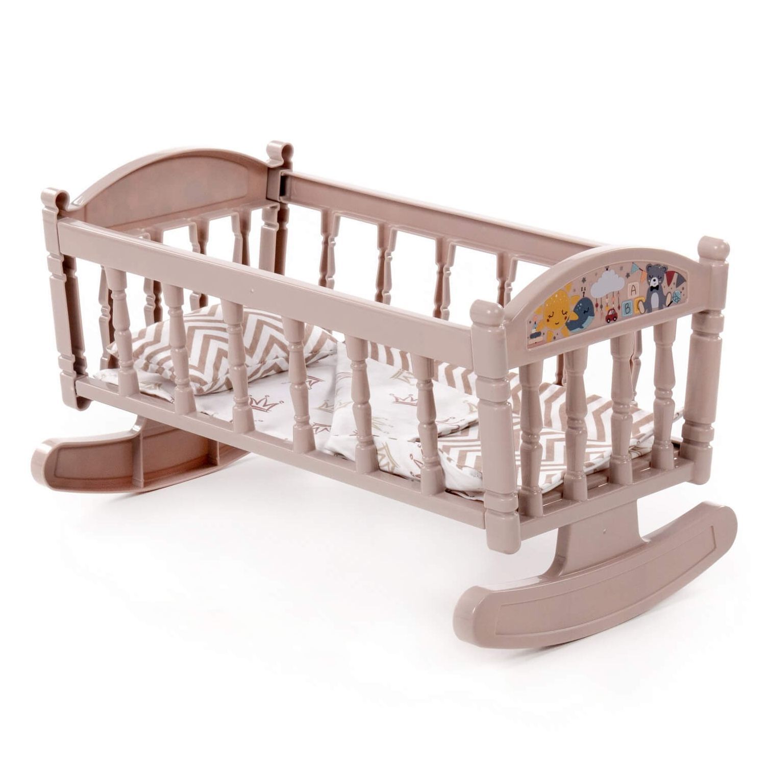 Кроватка-качалка для кукол ростом 34 см с подушкой, одеялкой и матрасиком (коричневая)