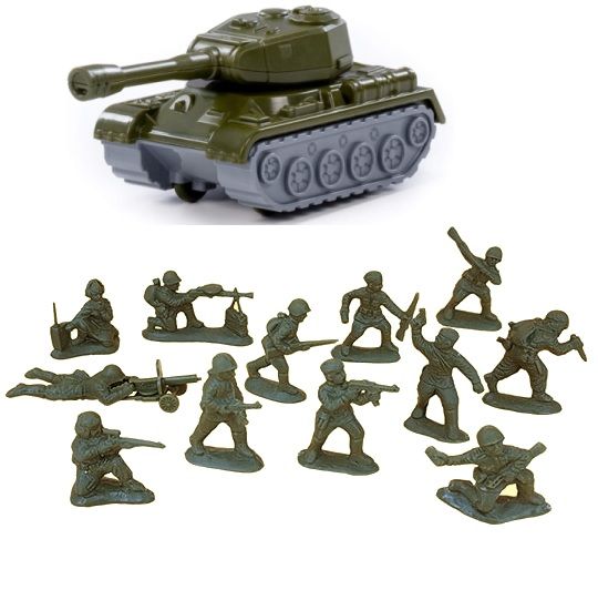 Игровой военный набор для мальчика- Бой танка 13,5 см, инерция с пехотой 12 солдатиков, 4 см