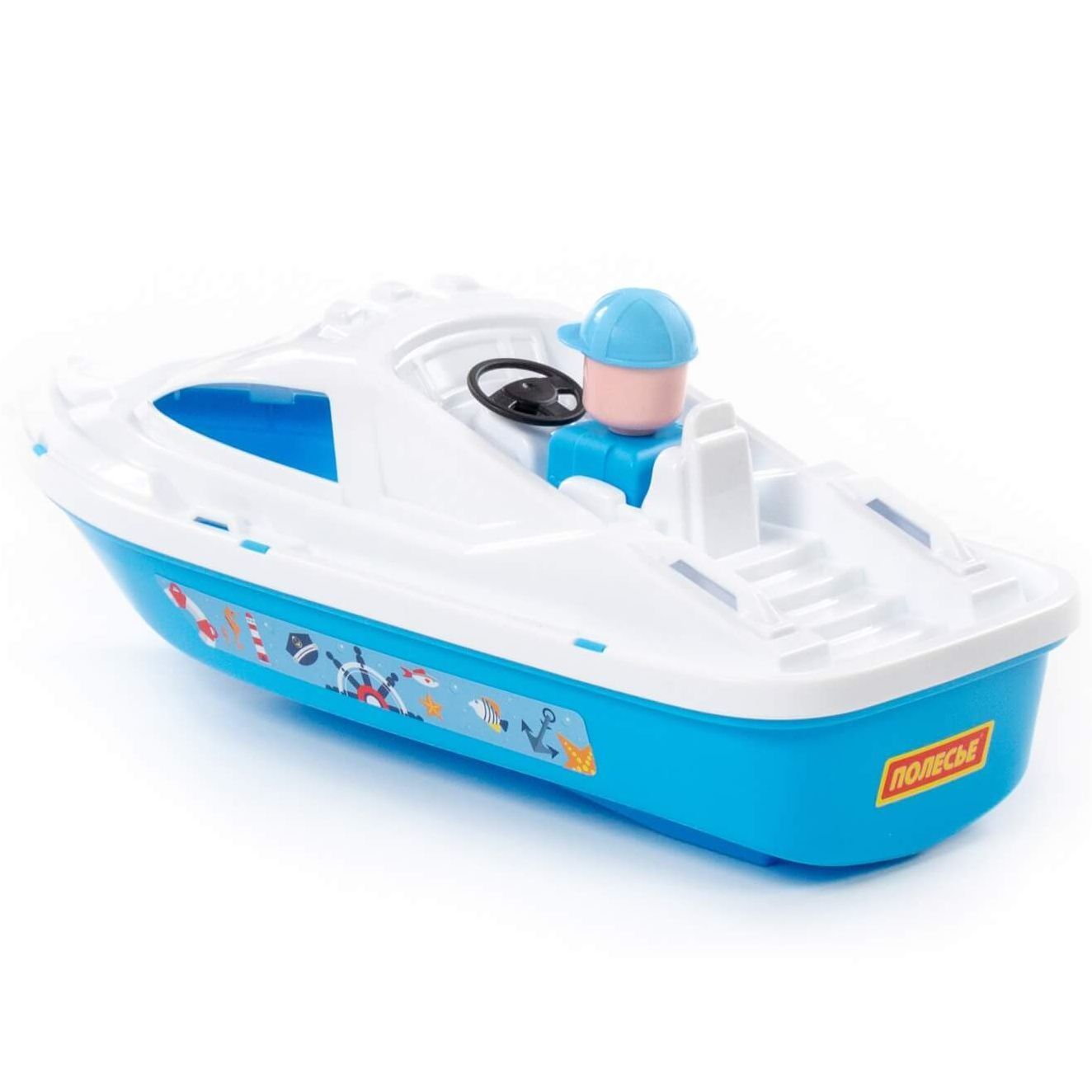 Пластмассовый катер для купания 34 см с фигуркой капитана белый