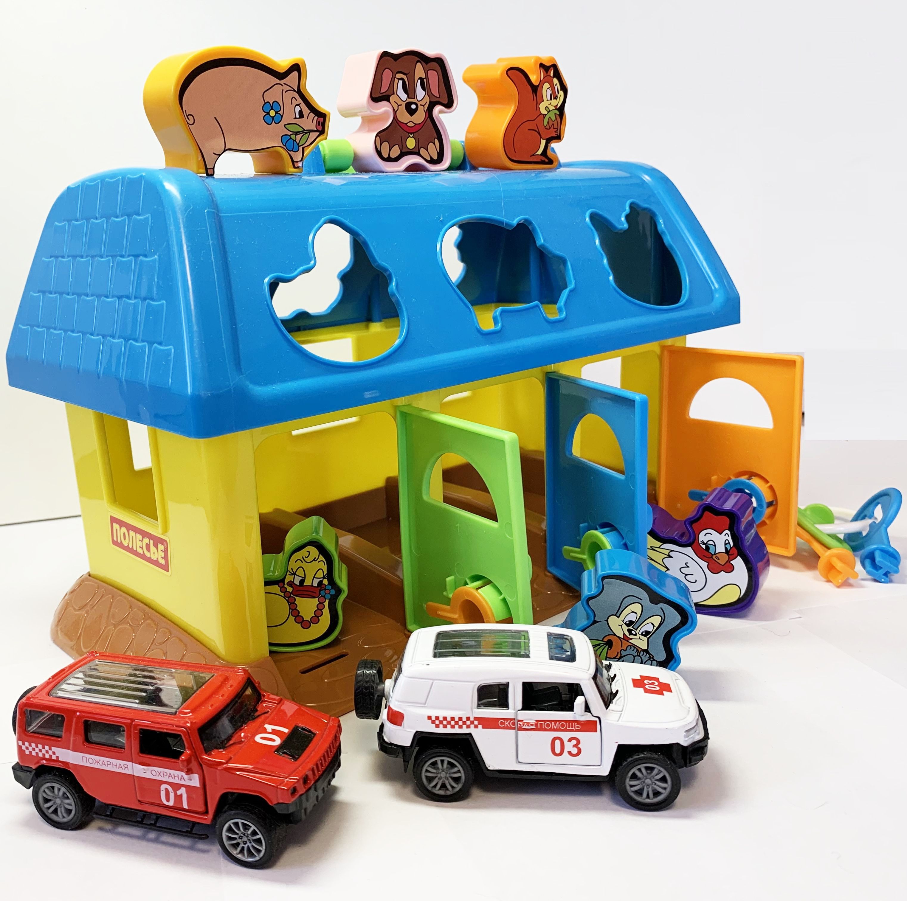 Набор 2 в 1- гараж с 2-мя машинками и домик сортер Полесье