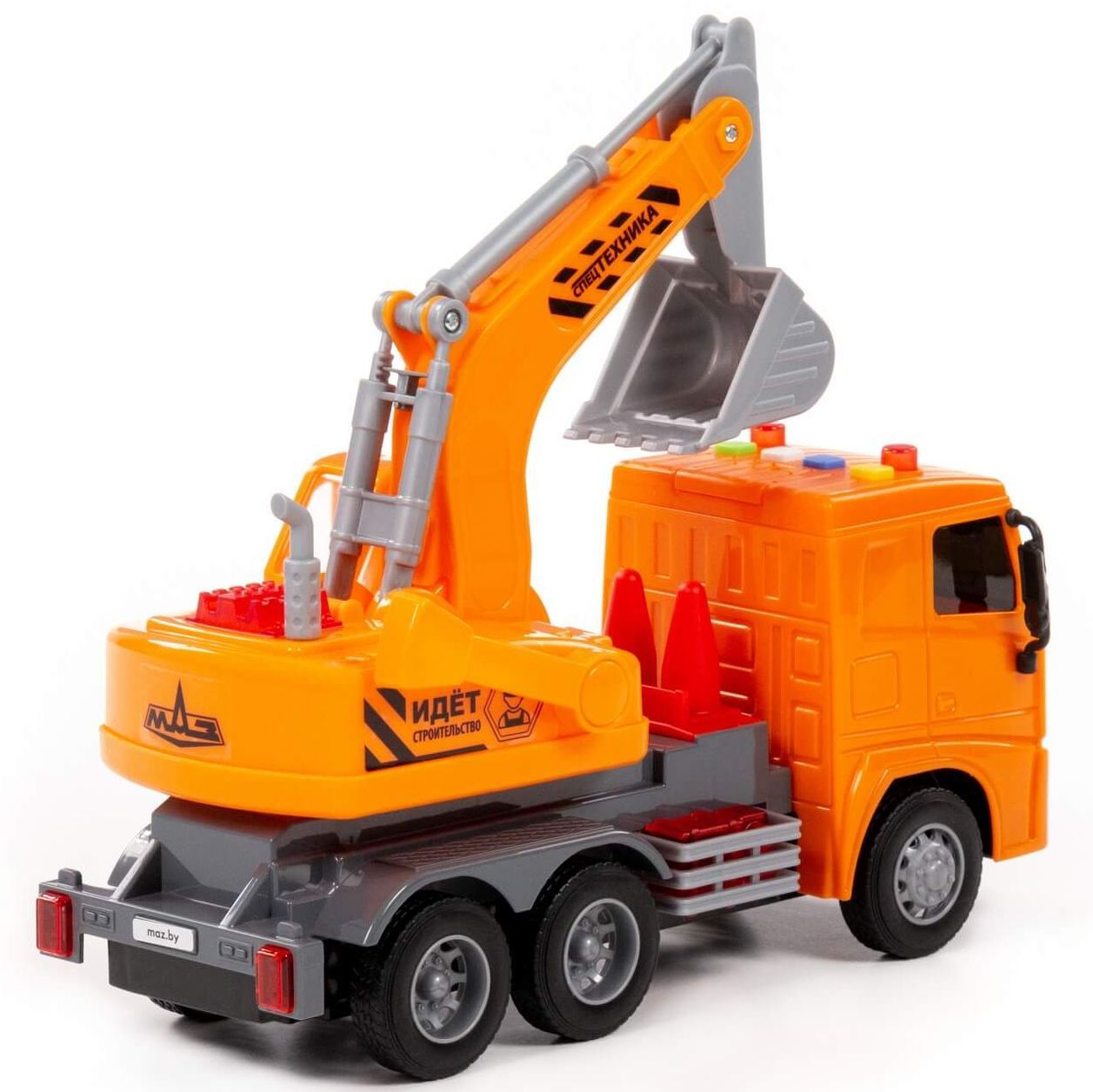 Игрушка машинка грузовик автоэкскаватор МАЗ инерция, 4 звука, свет - 28 см оранжевый Игрушка машинка грузовик автоэкскаватор МАЗ инерция, 4 звука, свет - 28 см оранжевый