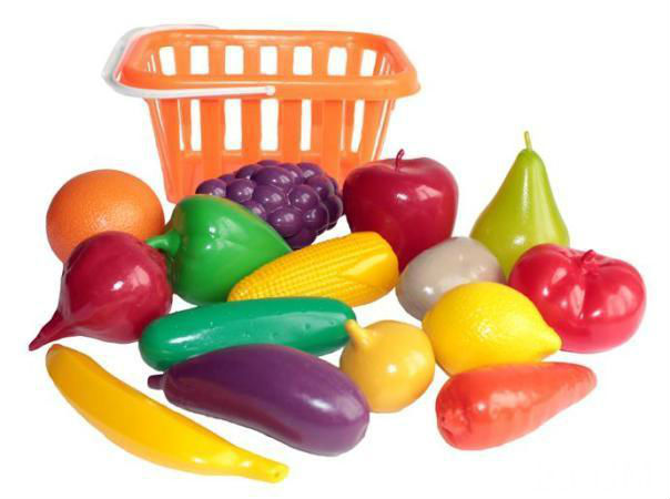 Детский набор овощей и фруктов из пластмассы в корзине