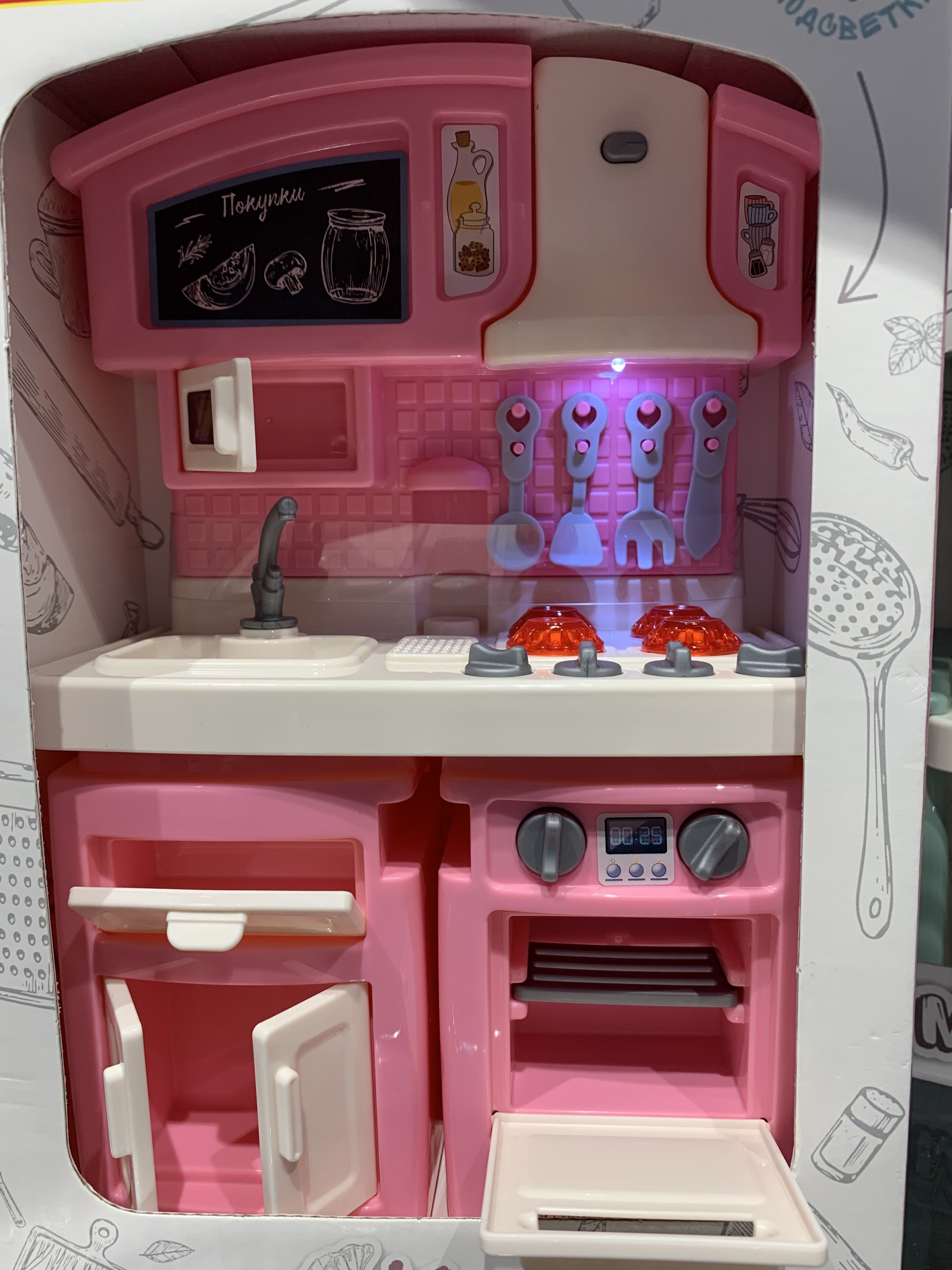 Кухня для кукольного домика для кукол ростом 26-30 см типа барби с подсветкой  розовая
