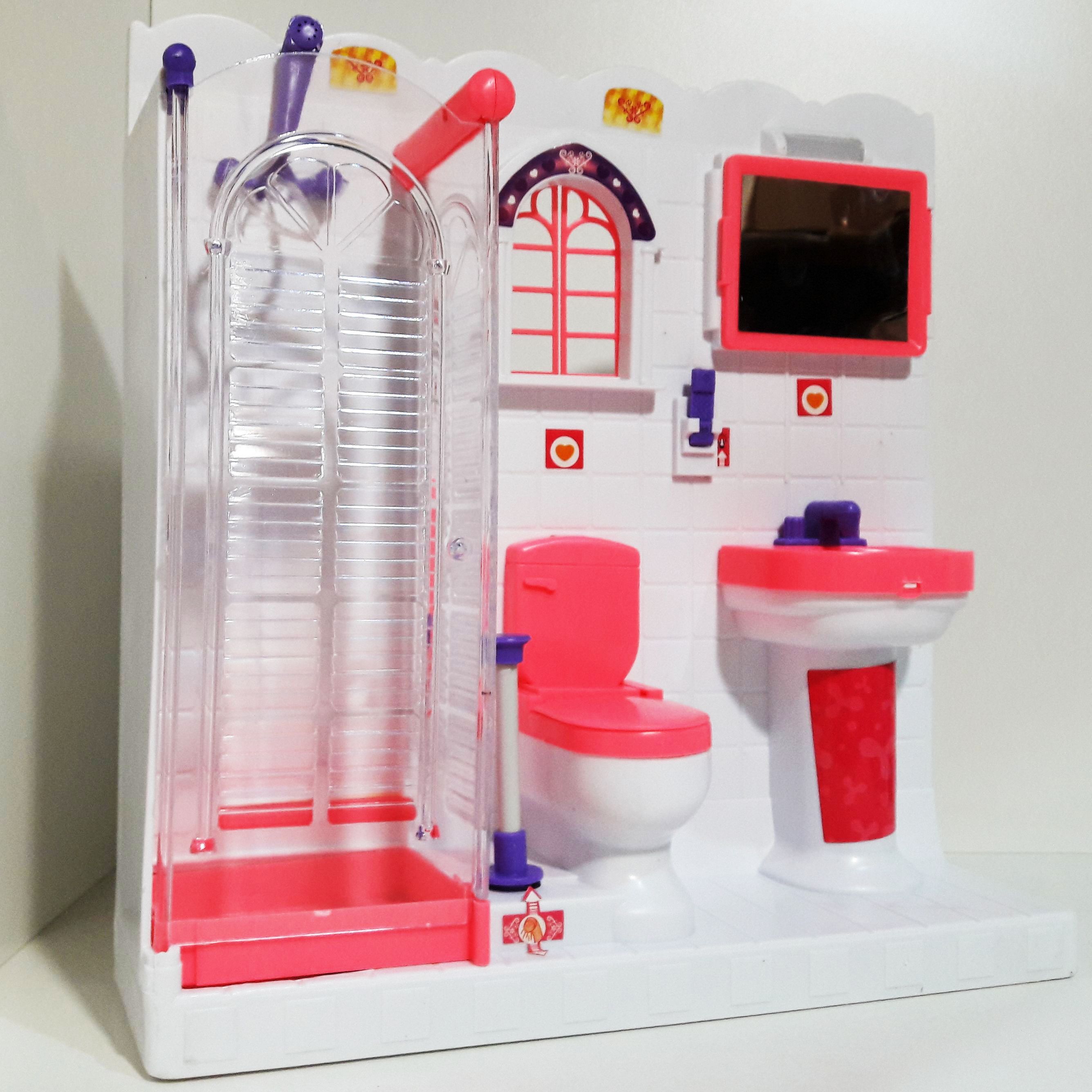 Ванная душевая с водой и с туалетом унитазом для кукольного домика для кукол ростом 26-29 см типа барби - свет, звук
