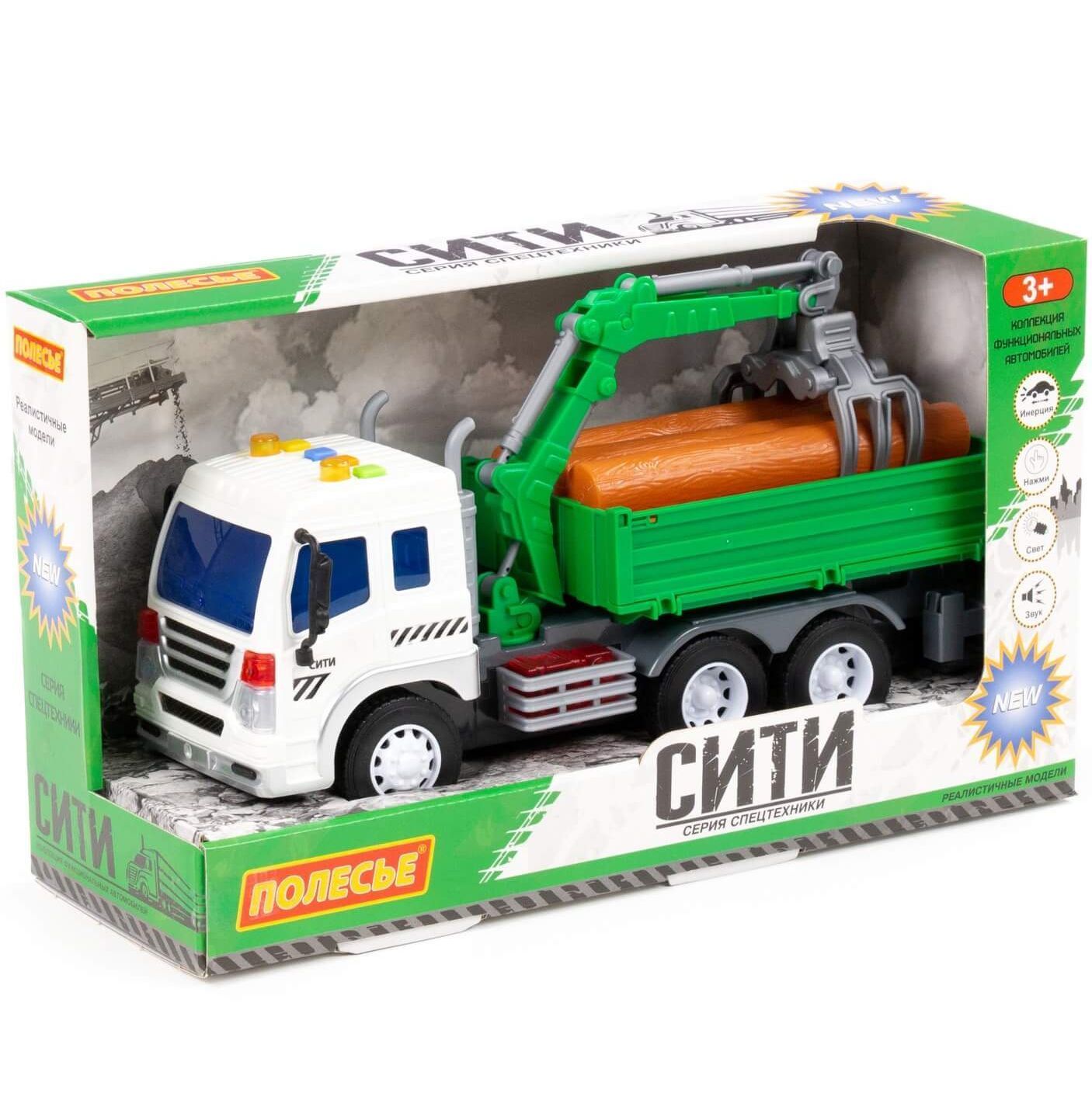 Машинка бортовой грузовик лесовоз с 7-ю бревнами, с краном-манипулятором Сити 27,5 см инерция, свет-звук - зеленый Машинка бортовой грузовик лесовоз с 7-ю бревнами, с краном-манипулятором Сити 27,5 см инерция, свет-звук - зеленый