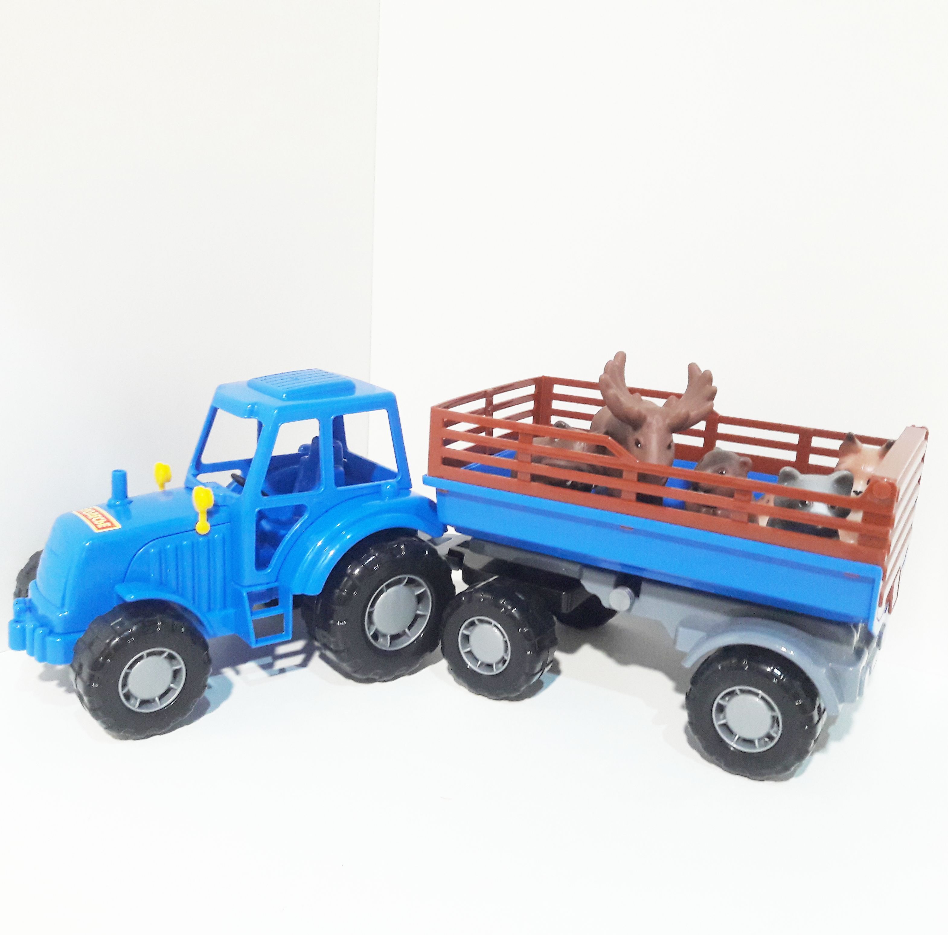 Синий трактор с прицепом 44 см и 5 высококачественных животных русского леса