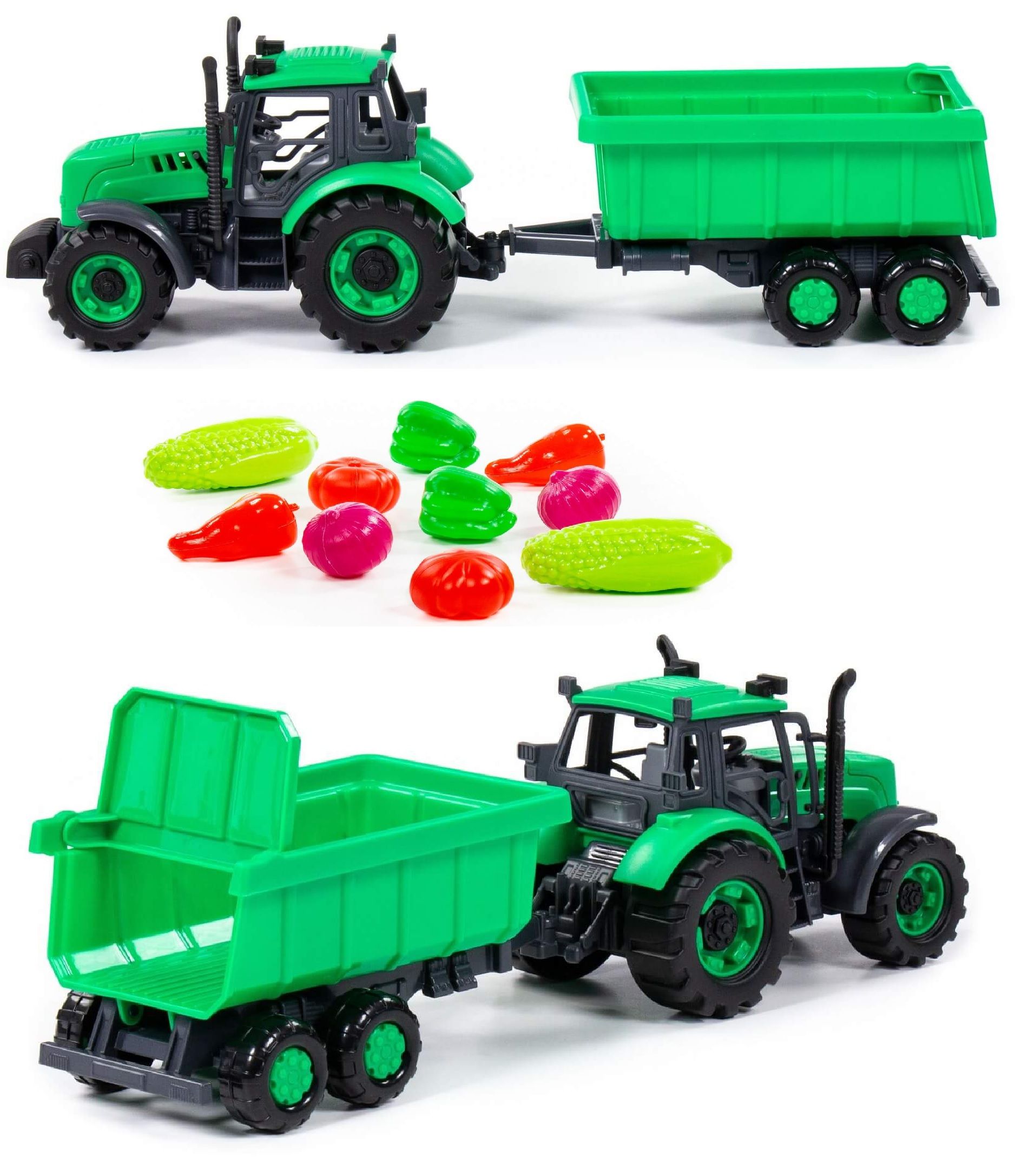 Развивающий набор "Сбор урожая" N2 с инерционным трактором с прицепом и набором овощей