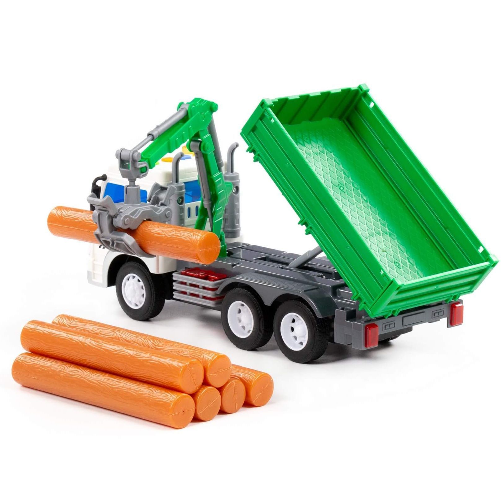 Машинка бортовой грузовик лесовоз с 7-ю бревнами, с краном-манипулятором Сити 27,5 см инерция, свет-звук - зеленый Машинка бортовой грузовик лесовоз с 7-ю бревнами, с краном-манипулятором Сити 27,5 см инерция, свет-звук - зеленый