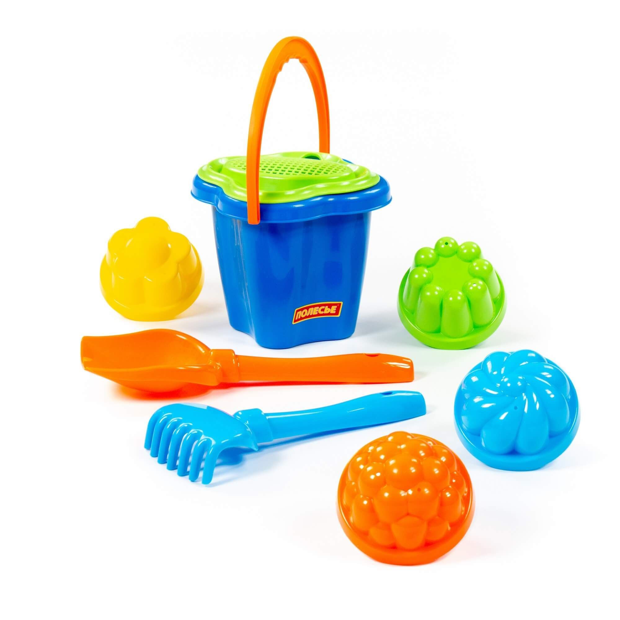 Песочный набор ведро-цветок среднее, сито, 4 пасочки, лопатка и грабельки №5