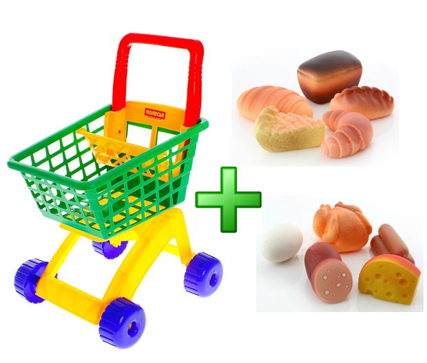 Тележка Полесье для маркета 7438 с продуктами и хлебом