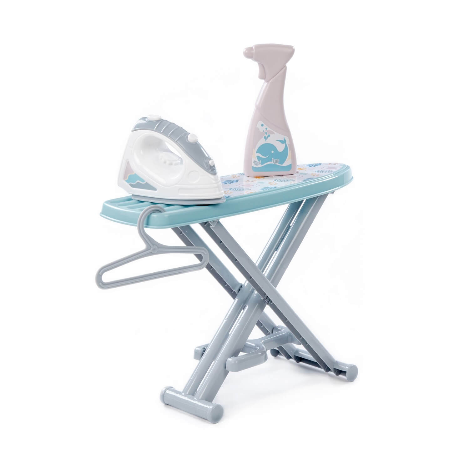Гладильная доска для малышей (пластмассовая) с простым утюжком и бутылочкой (серая)