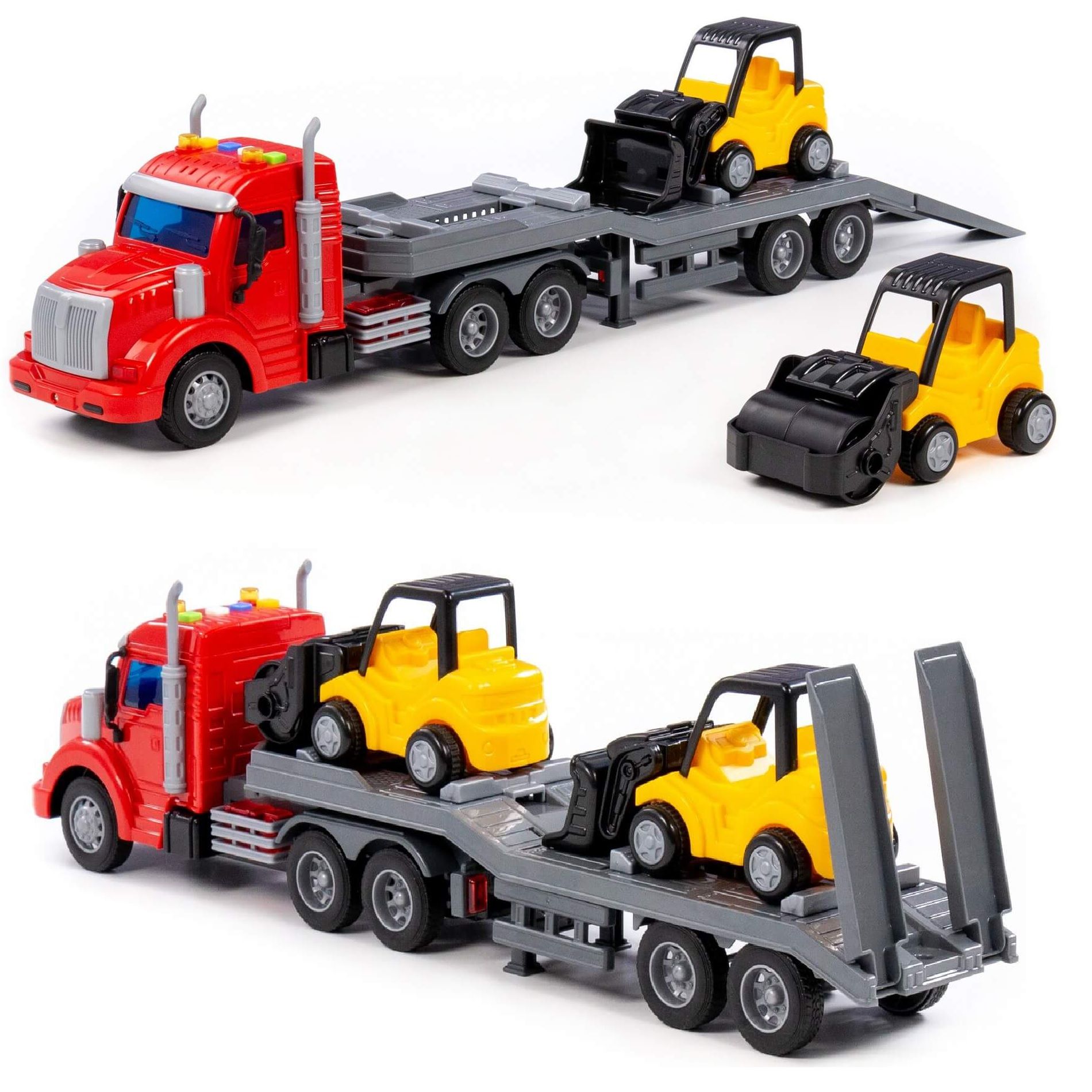 Игрушка тягач с прицепом трейлер-автовоз Профи Полесье  2 машинки, инерция, свет, звук, 51 см с машинками