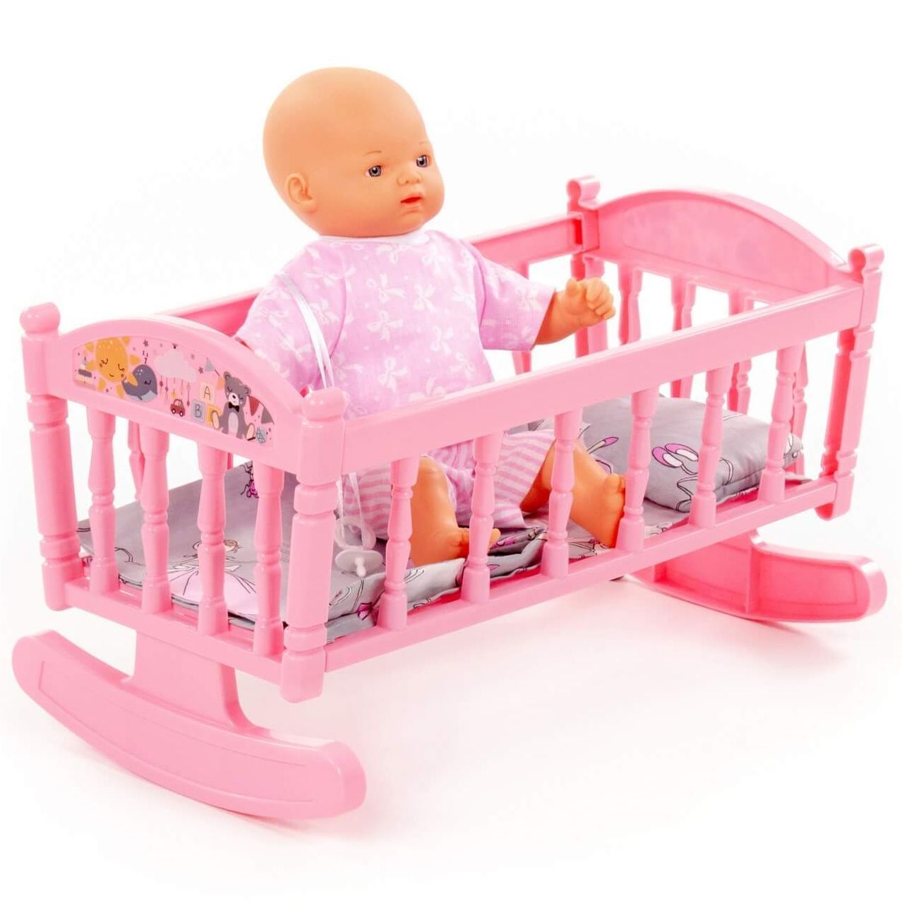 Кроватка-качалка с куклой ростом 28 см с подушкой, одеялкой и матрасиком розовая