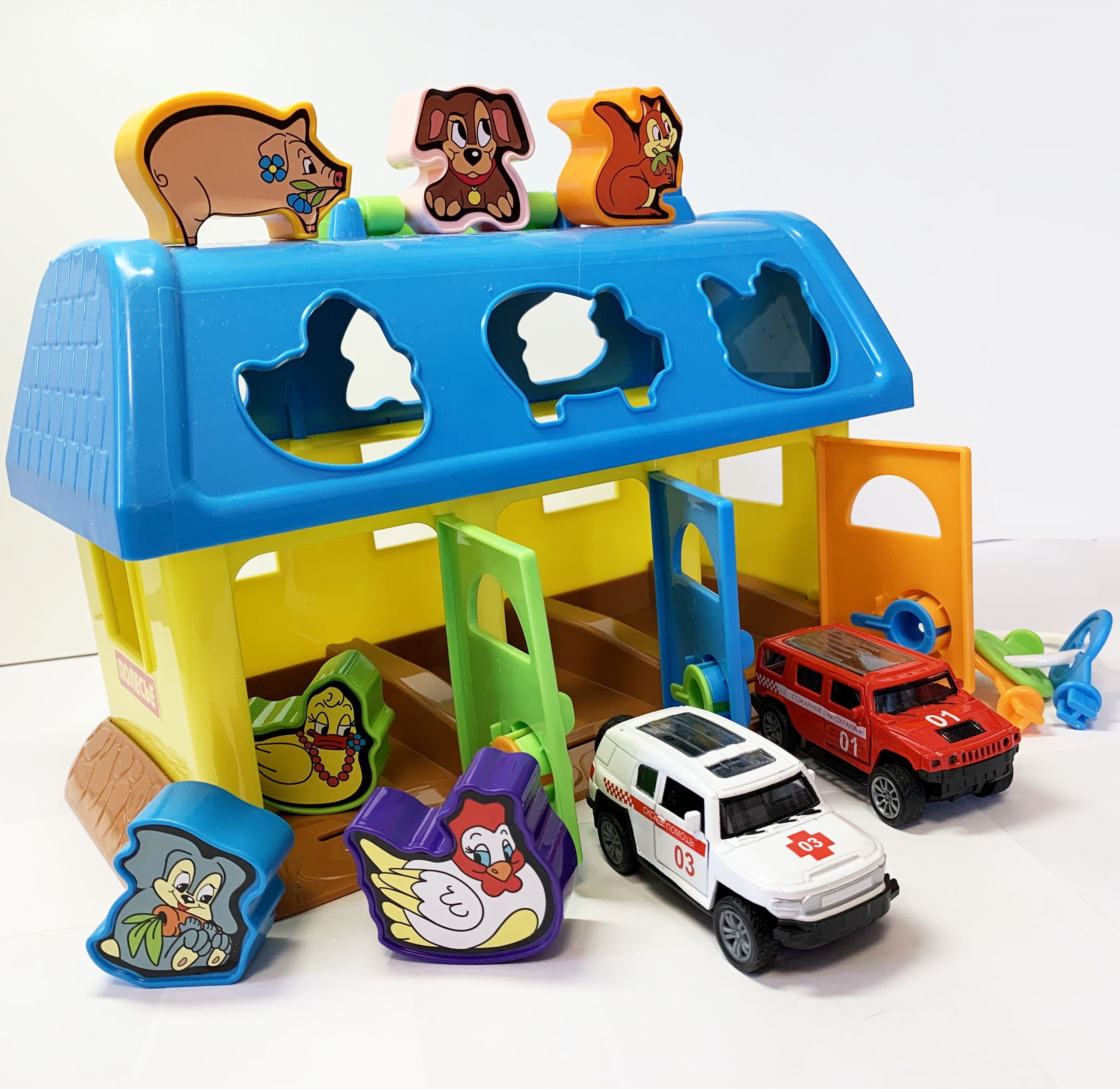 Набор 2 в 1- гараж с 2-мя машинками и домик сортер Полесье