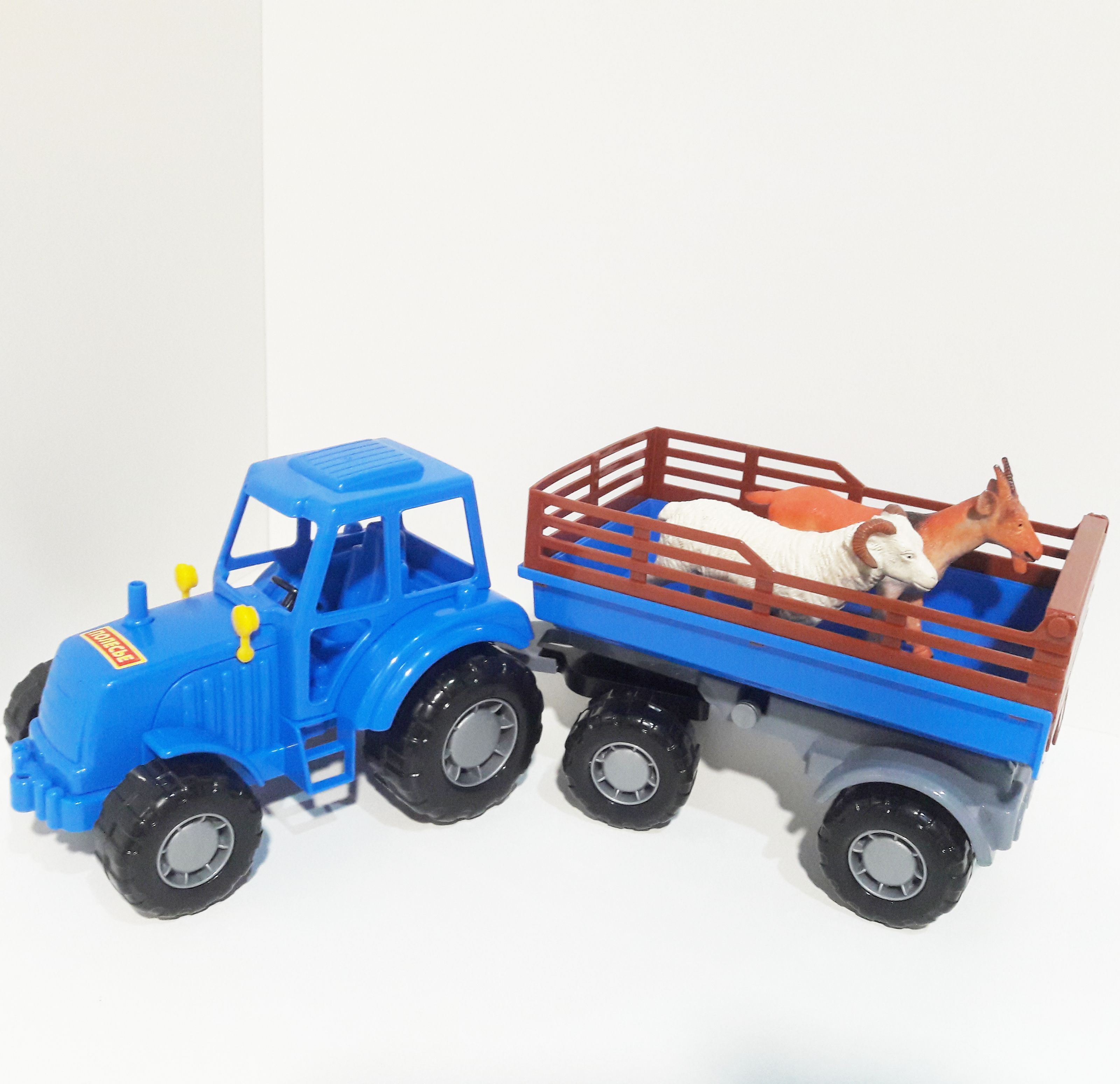 Синий трактор с прицепом 44 см и животное козочка и овечка