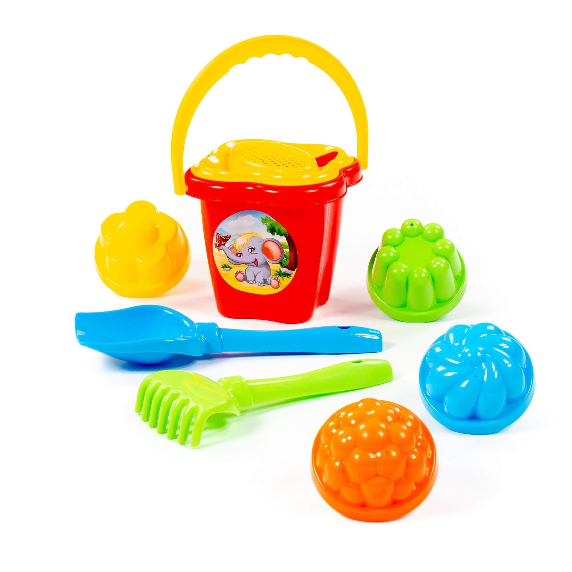 Песочный набор ведро-цветок среднее, сито, 4 пасочки, лопатка и грабельки №5