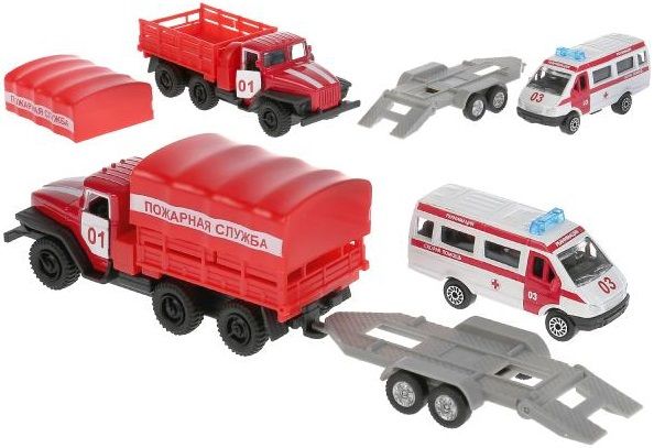 Металлическая машинка Урал 4320  Пожарная служба с прицепом - 12 см