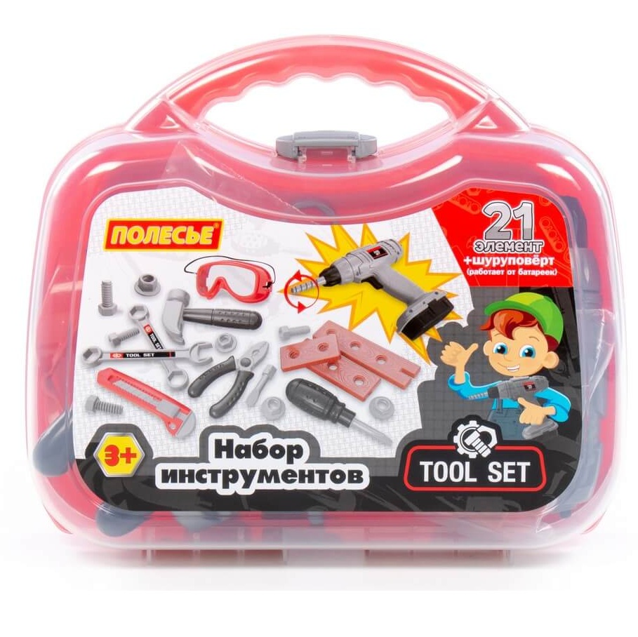 Набор игрушечных инструментов Полесье 20 эл. с дрелью с механическим вращением сверла в чемодане юного мастера