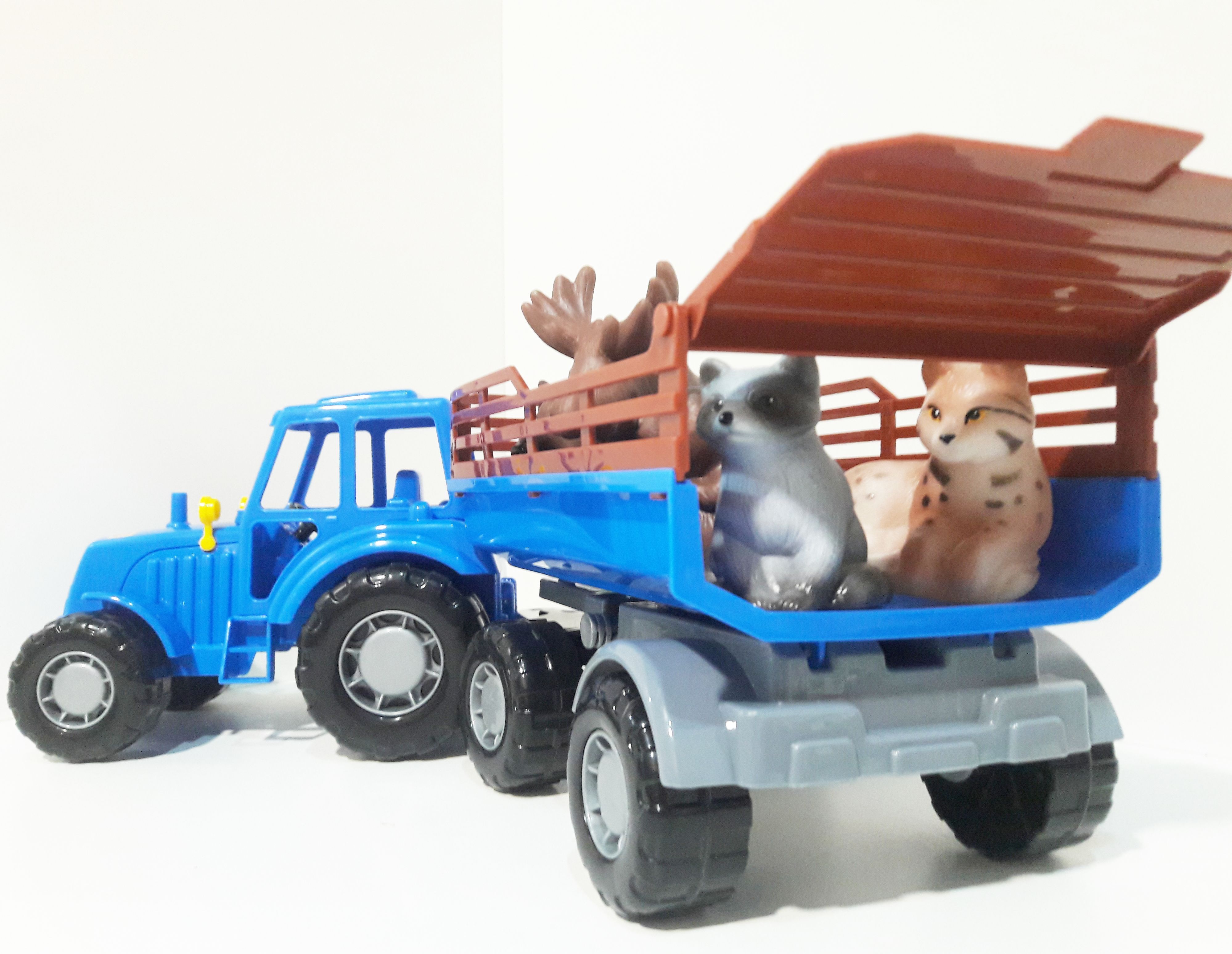Синий трактор с прицепом 44 см и 5 высококачественных животных русского леса