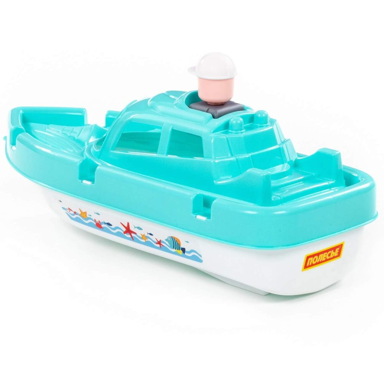Пластмассовый катер для купания 33 см с фигуркой капитана бирюзовый