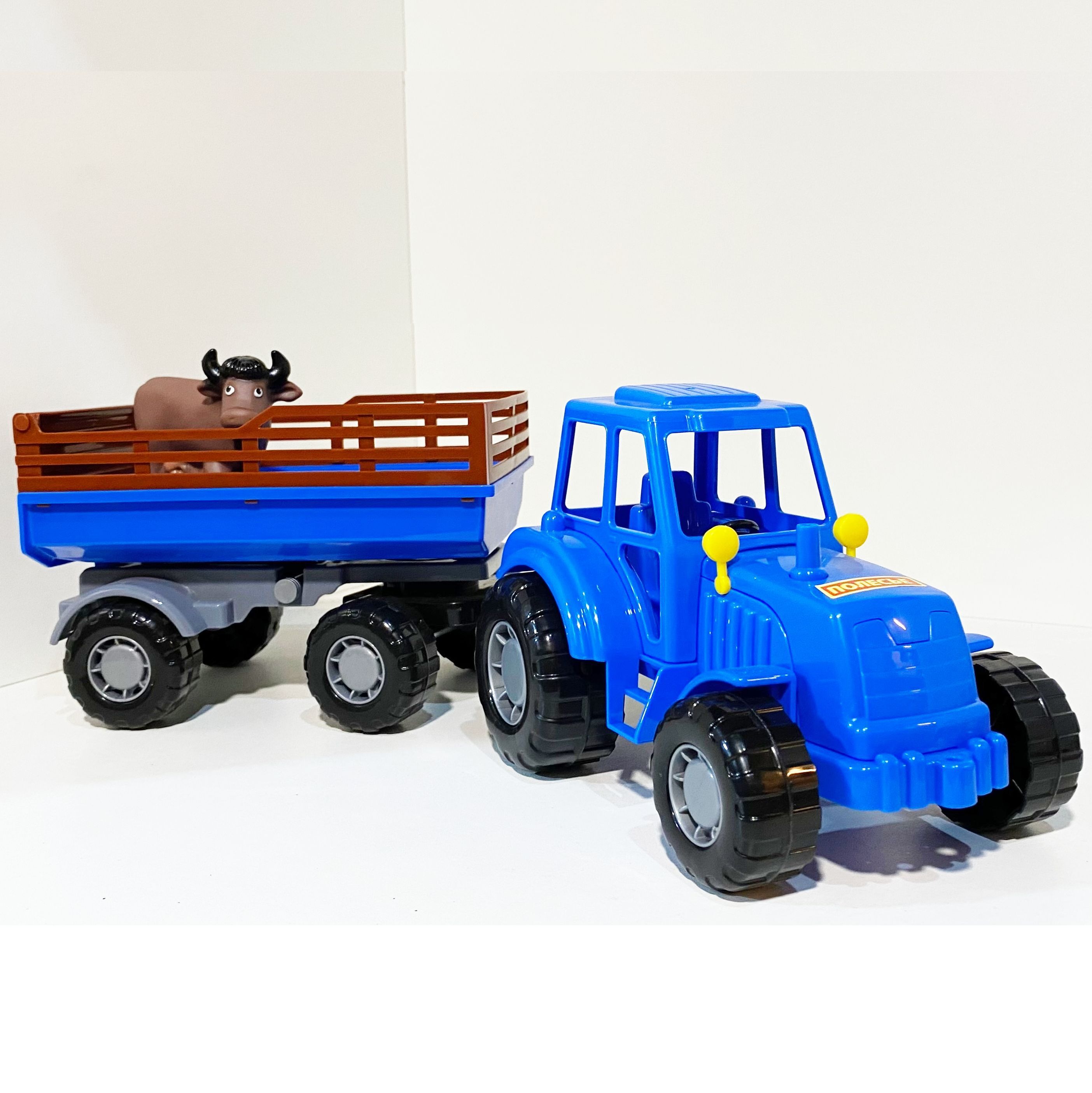 Набор игрушка Синий трактор с прицепом 44 см и животное корова коричневая