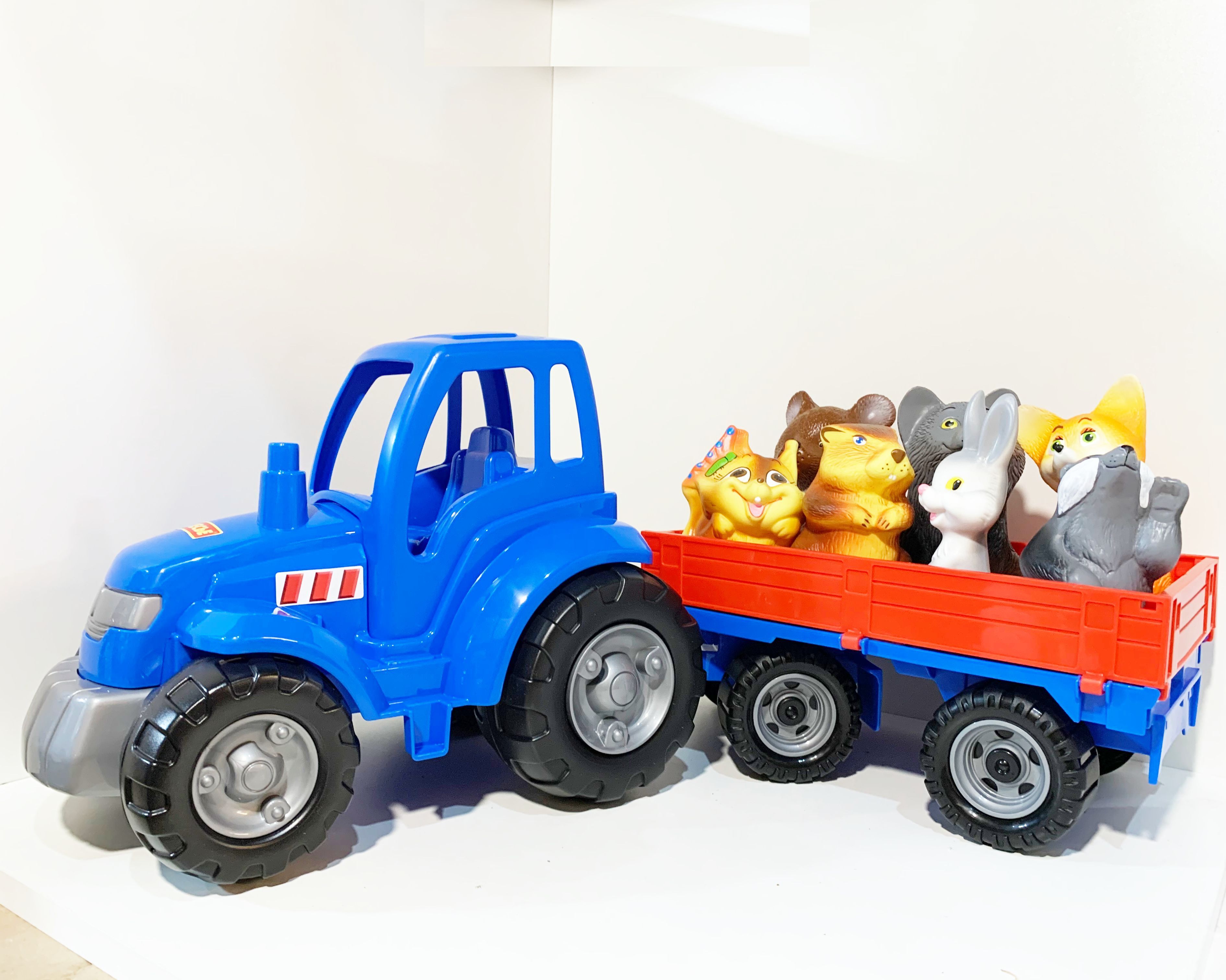 Большой синий трактор 68 см с прицепом и 7-ю фигурками крупных животных русского леса