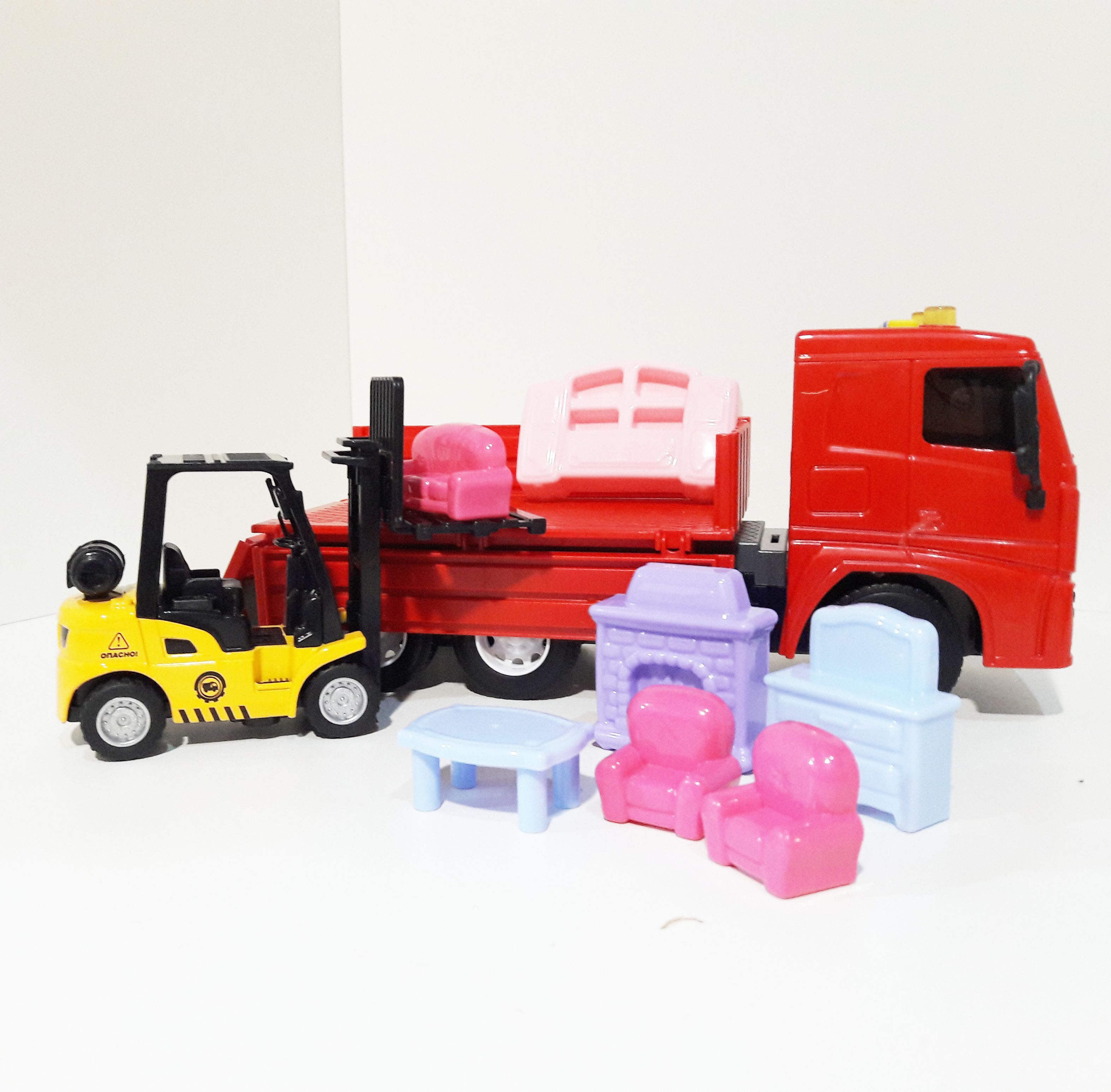 Машинка для перевозки - бортовой грузовик МАЗ - 25,7 см - автопогрузчик инерция, свет-звук- мебель 7 предметов