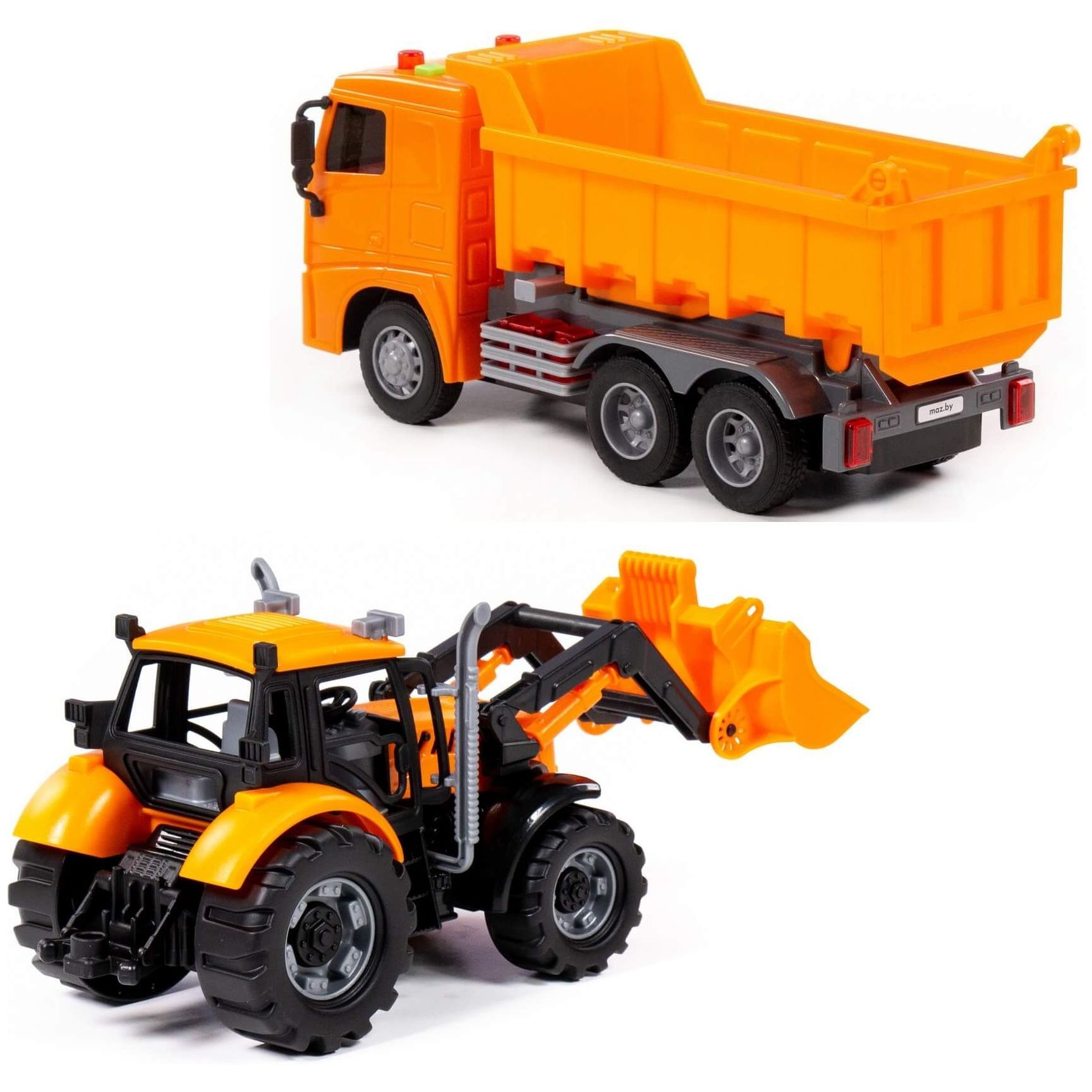 Набор дорожной техники для чистки снега- самосвал МАЗ Полесье и трактор-погрузчик инерция, свет-звук оранжевый