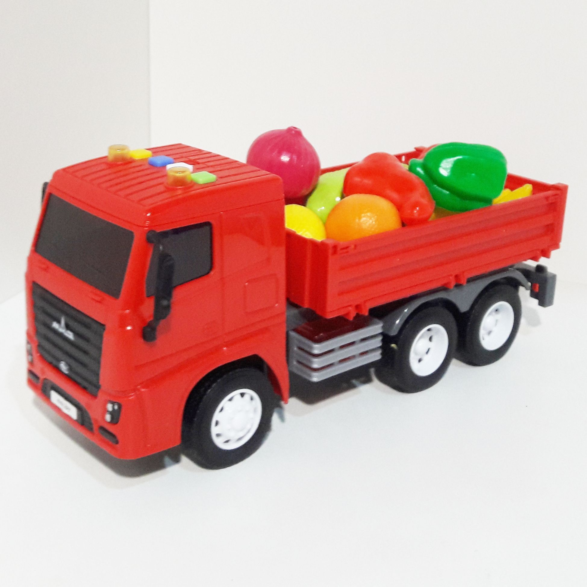 Набор Везем урожай - мини овощи и фрукты 10 шт. - машинка бортовой грузовик МАЗ с инерционным ходом, светом и звуком 25,7 см.