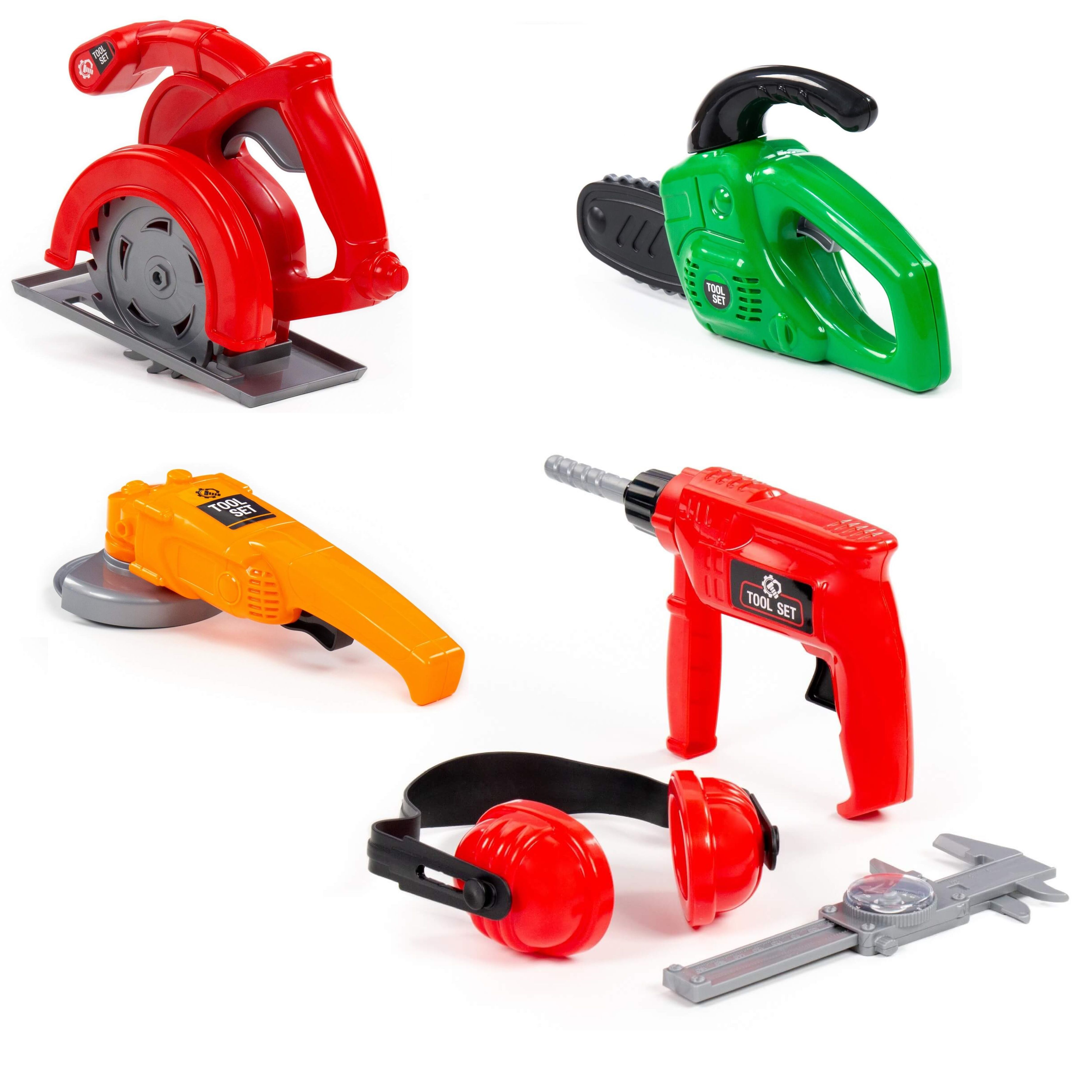 Набор 4-х игрушечных инструментов Полесье для малышей с механическим вращением болгарка, циркулярка, перфоратор с наушниками, бензопила