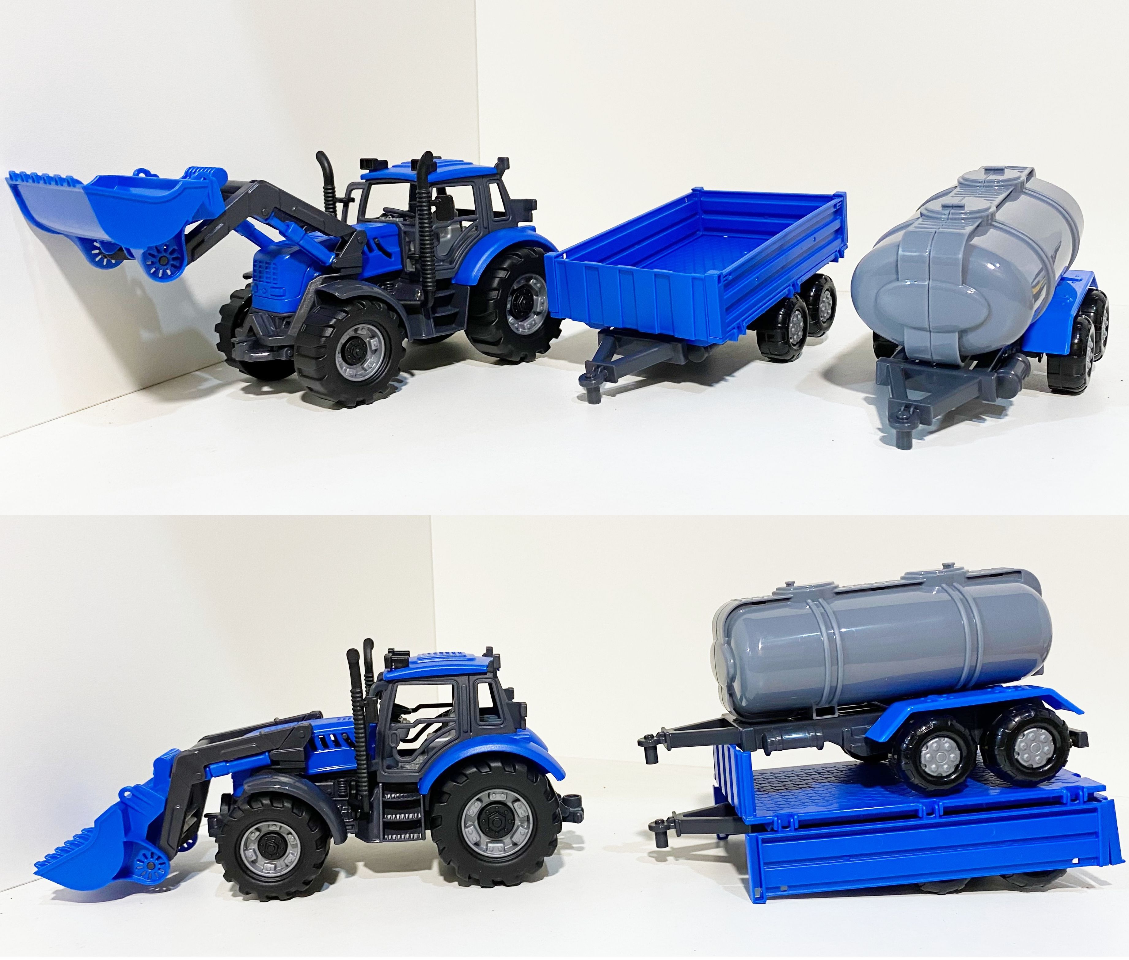 Набор инерционный синий трактор "Прогресс" с 2-мя прицепами бортовой и цистерна - 43 см