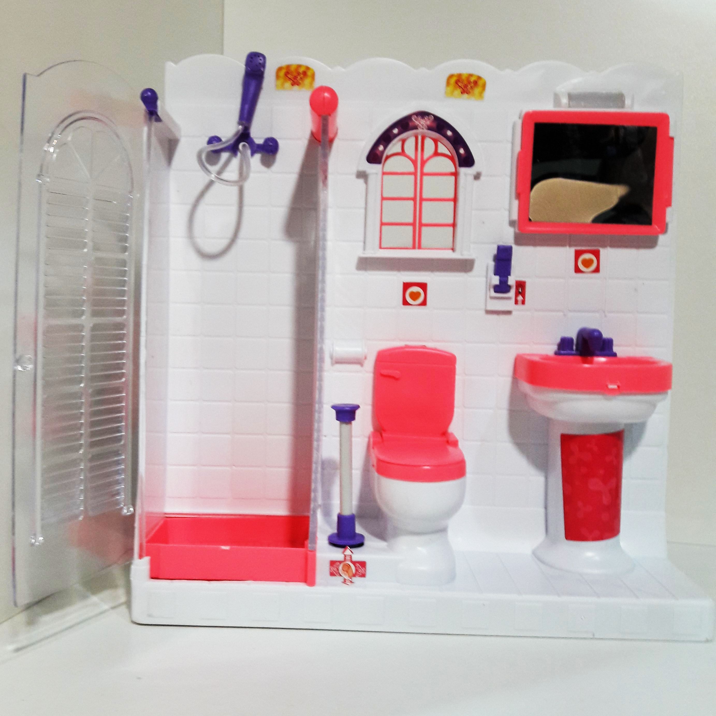 Ванная душевая с водой и с туалетом унитазом для кукольного домика для кукол ростом 26-29 см типа барби - свет, звук