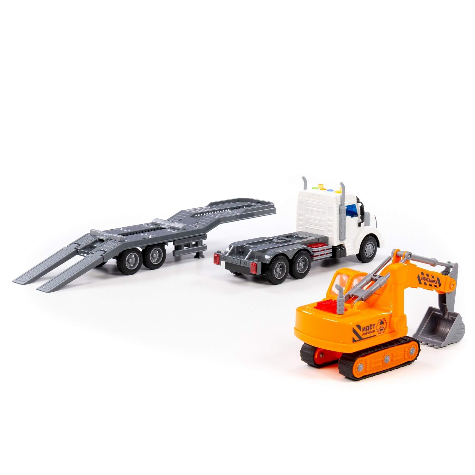 Игрушка тягач с прицепом 51 см - автовоз с экскаватором Профи Полесье  динамо- инерция, свет, 4 звука