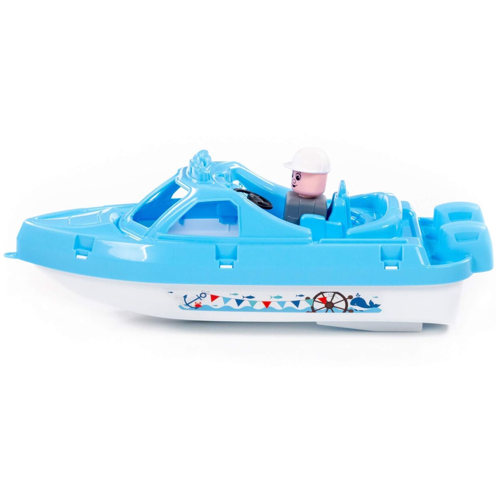 Пластмассовый катер для купания 34 см с фигуркой капитана голубой