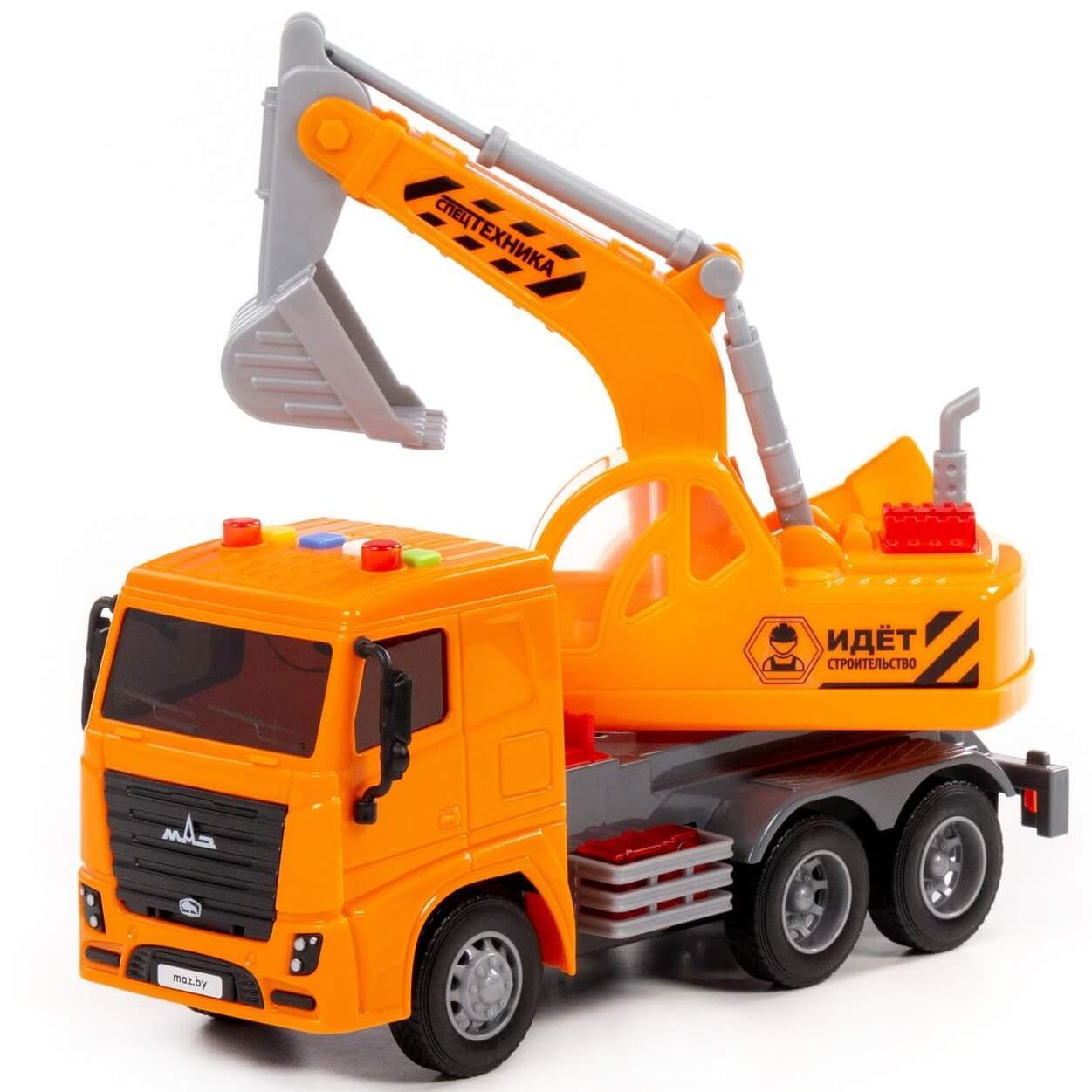 Игрушка машинка грузовик автоэкскаватор МАЗ инерция, 4 звука, свет - 28 см оранжевый Игрушка машинка грузовик автоэкскаватор МАЗ инерция, 4 звука, свет - 28 см оранжевый