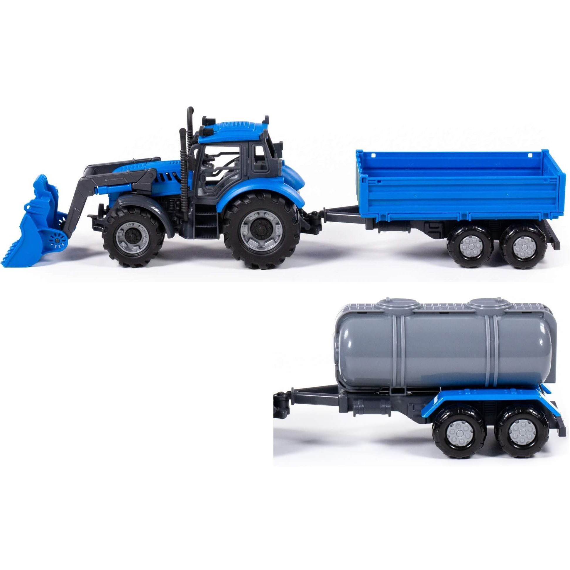 Набор инерционный синий трактор "Прогресс" с 2-мя прицепами бортовой и цистерна - 43 см