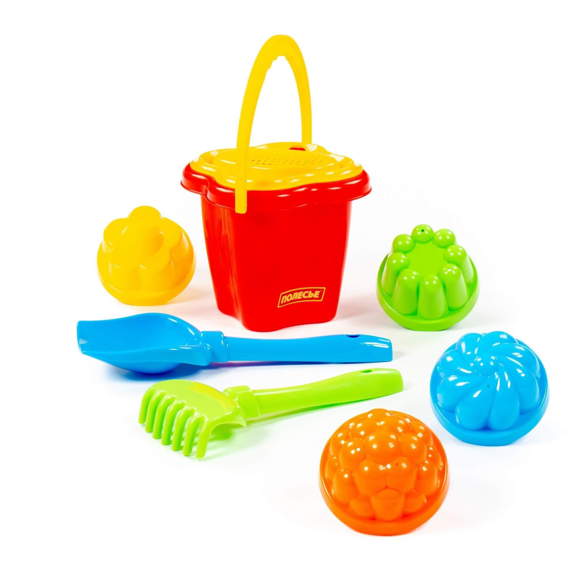 Песочный набор ведро-цветок среднее, сито, 4 пасочки, лопатка и грабельки №5
