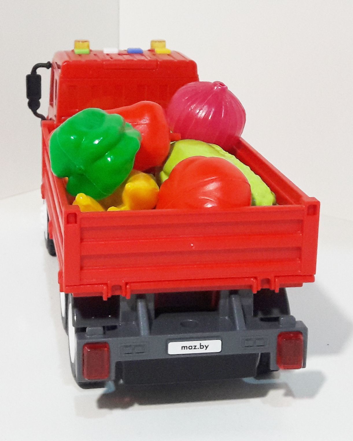 Набор Везем урожай - мини овощи и фрукты 10 шт. - машинка бортовой грузовик МАЗ с инерционным ходом, светом и звуком 25,7 см.