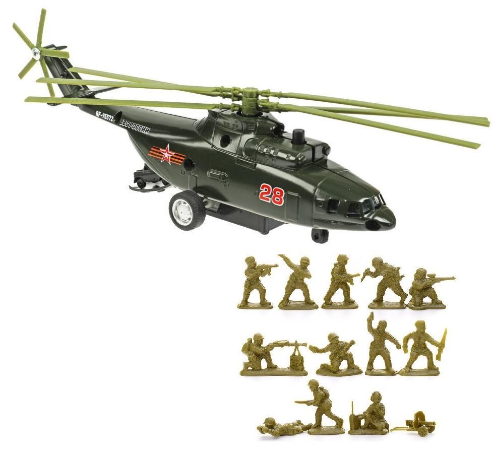 Игрушка военный вертолет с отсеком с военной машинкой и 12 солдатиков с пулеметом