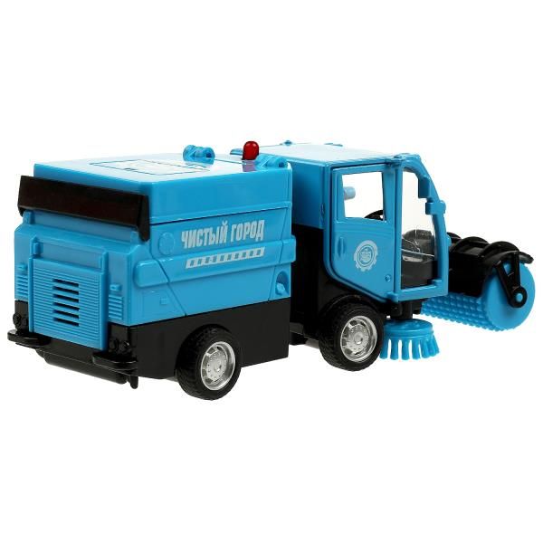Игрушечная мусороуборочная коммунальная машинка со щетками инерция, метр. кабина, откр. дверей и кузова, без звука - 15 см голубая