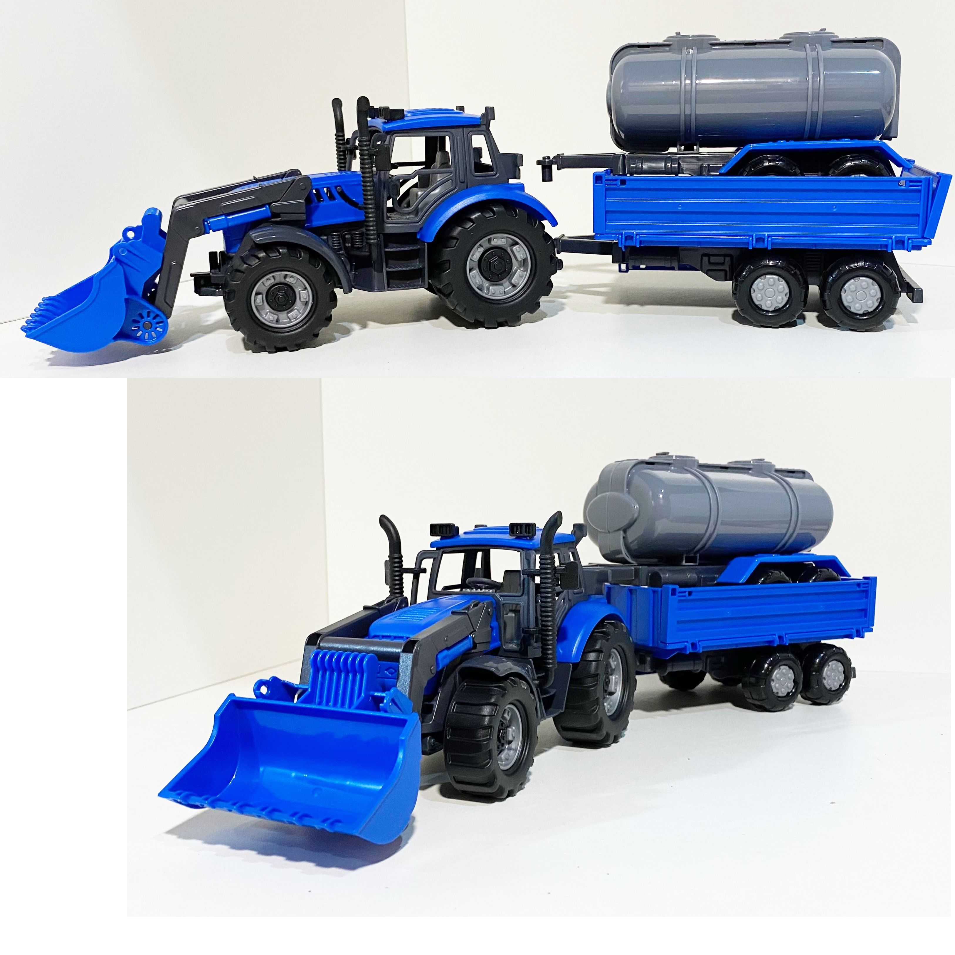 Набор инерционный синий трактор "Прогресс" с 2-мя прицепами бортовой и цистерна - 43 см