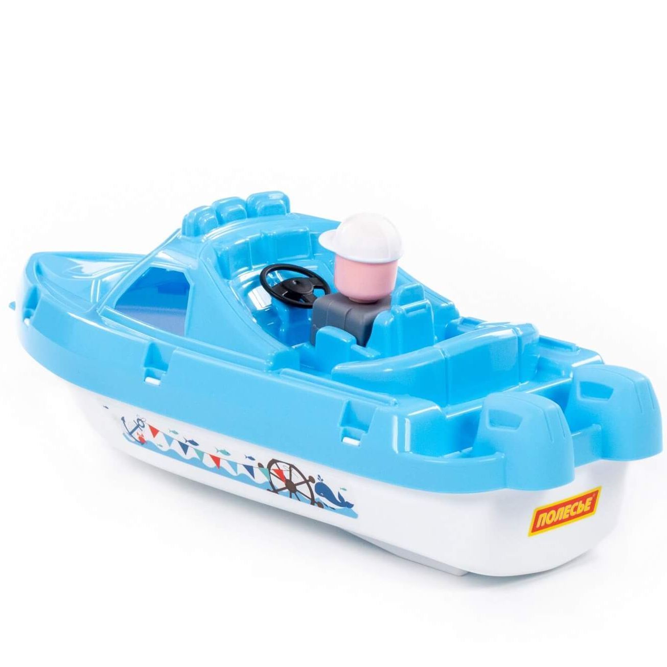 Пластмассовый катер для купания 34 см с фигуркой капитана голубой