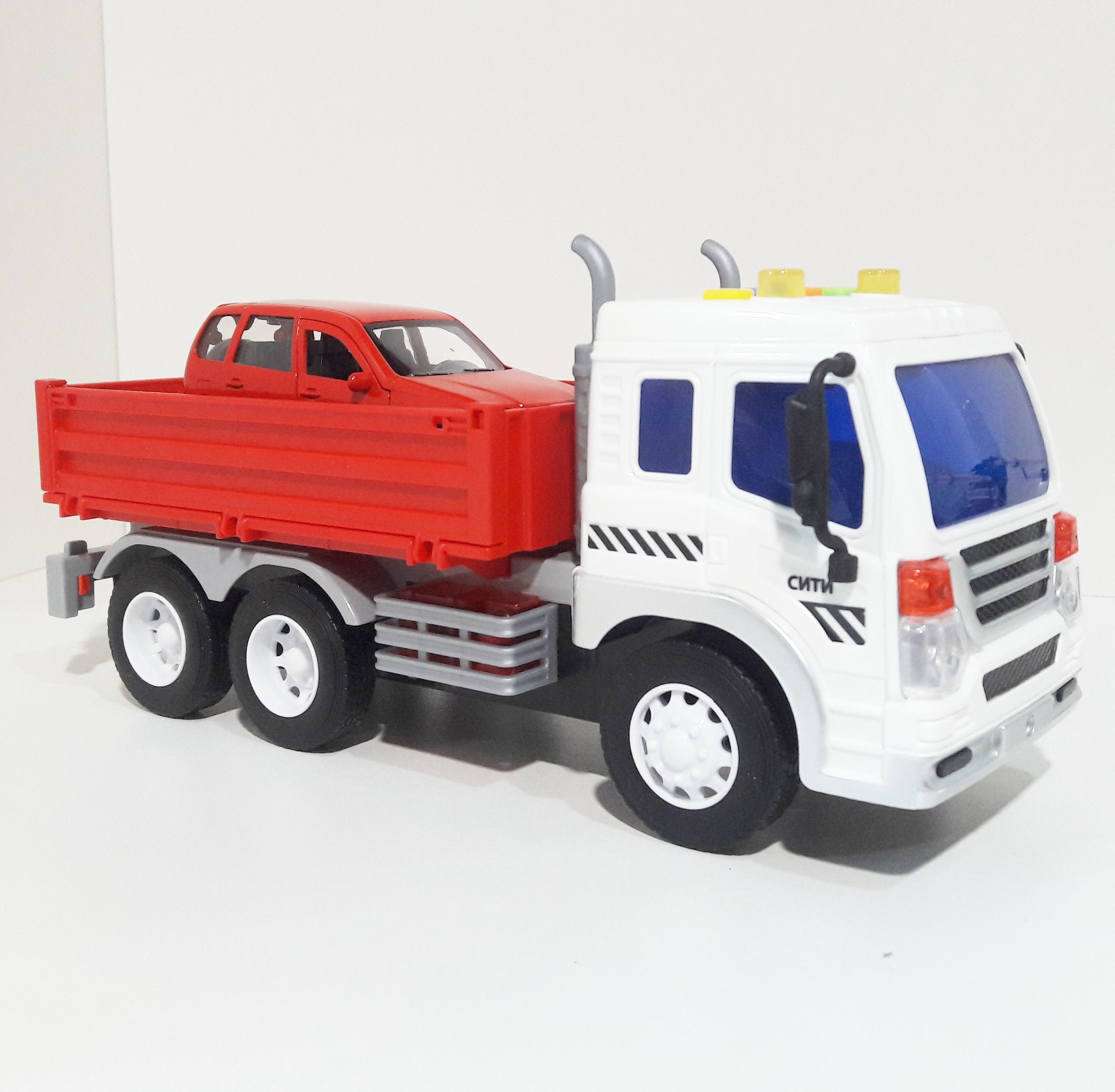 бортовой грузовик Сити 26 см, инерция, свет, звук - металлическая машинка-модель 12 см, инерция, открытие дверей бортовой грузовик Сити 26 см, инерция, свет, звук - металлическая машинка-модель 12 см, инерция, открытие дверей