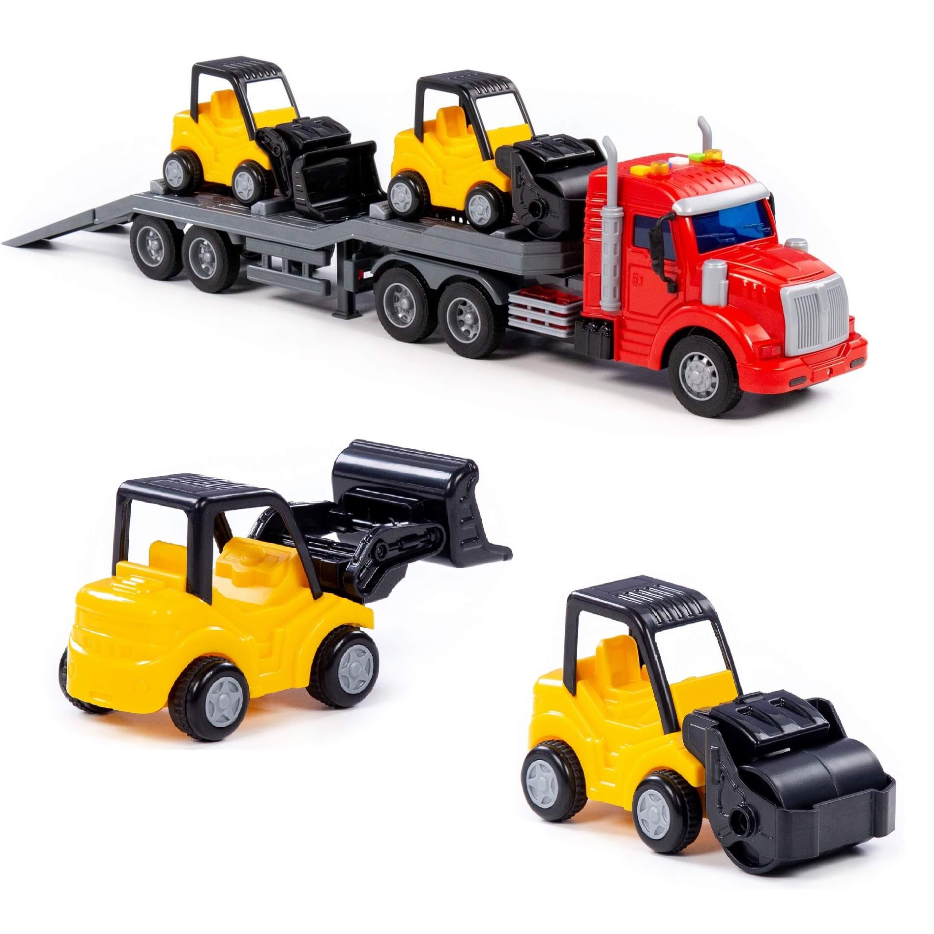 Игрушка тягач с прицепом трейлер-автовоз Профи Полесье  2 машинки, инерция, свет, звук, 51 см с машинками