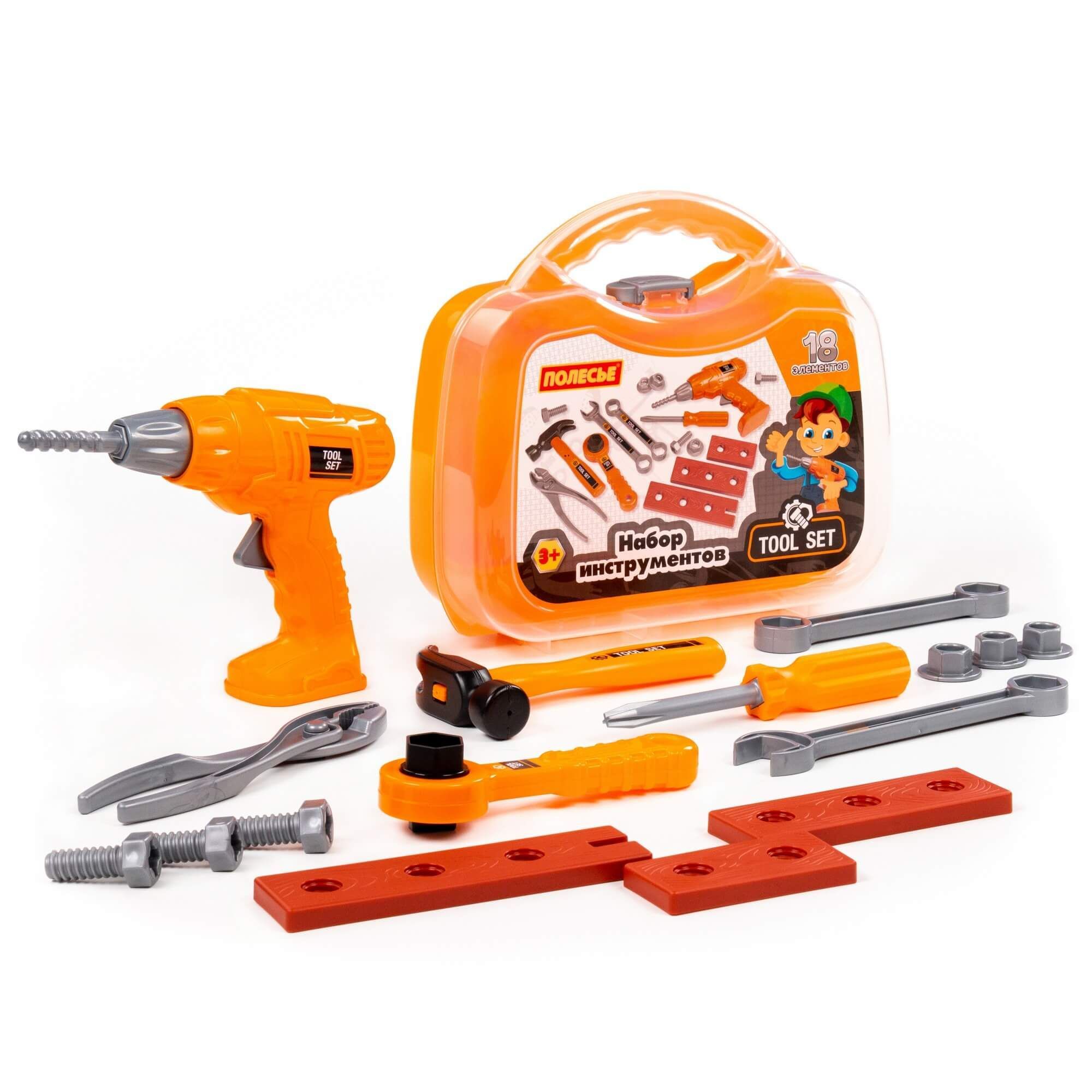Набор игрушечных инструментов Полесье 15 эл. с дрелью с механическим вращением сверла в малом чемодане юного мастера
