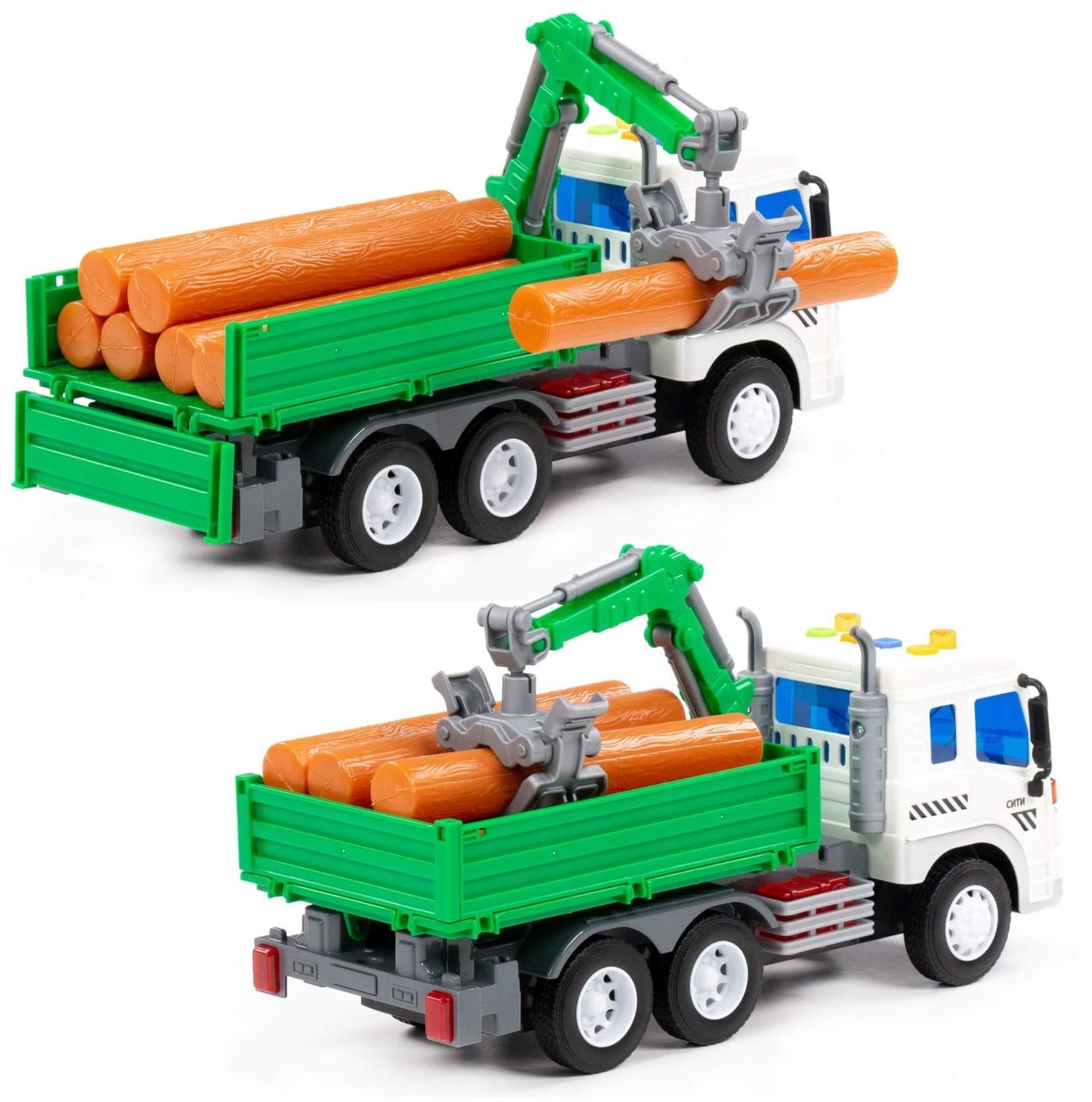 Машинка бортовой грузовик лесовоз с 7-ю бревнами, с краном-манипулятором Сити 27,5 см инерция, свет-звук - зеленый Машинка бортовой грузовик лесовоз с 7-ю бревнами, с краном-манипулятором Сити 27,5 см инерция, свет-звук - зеленый