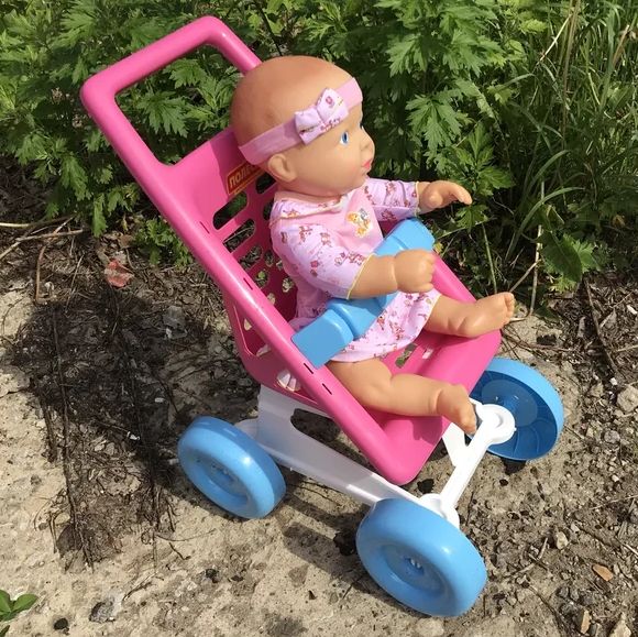 Большая прогулочная коляска для кукол розово-голубая