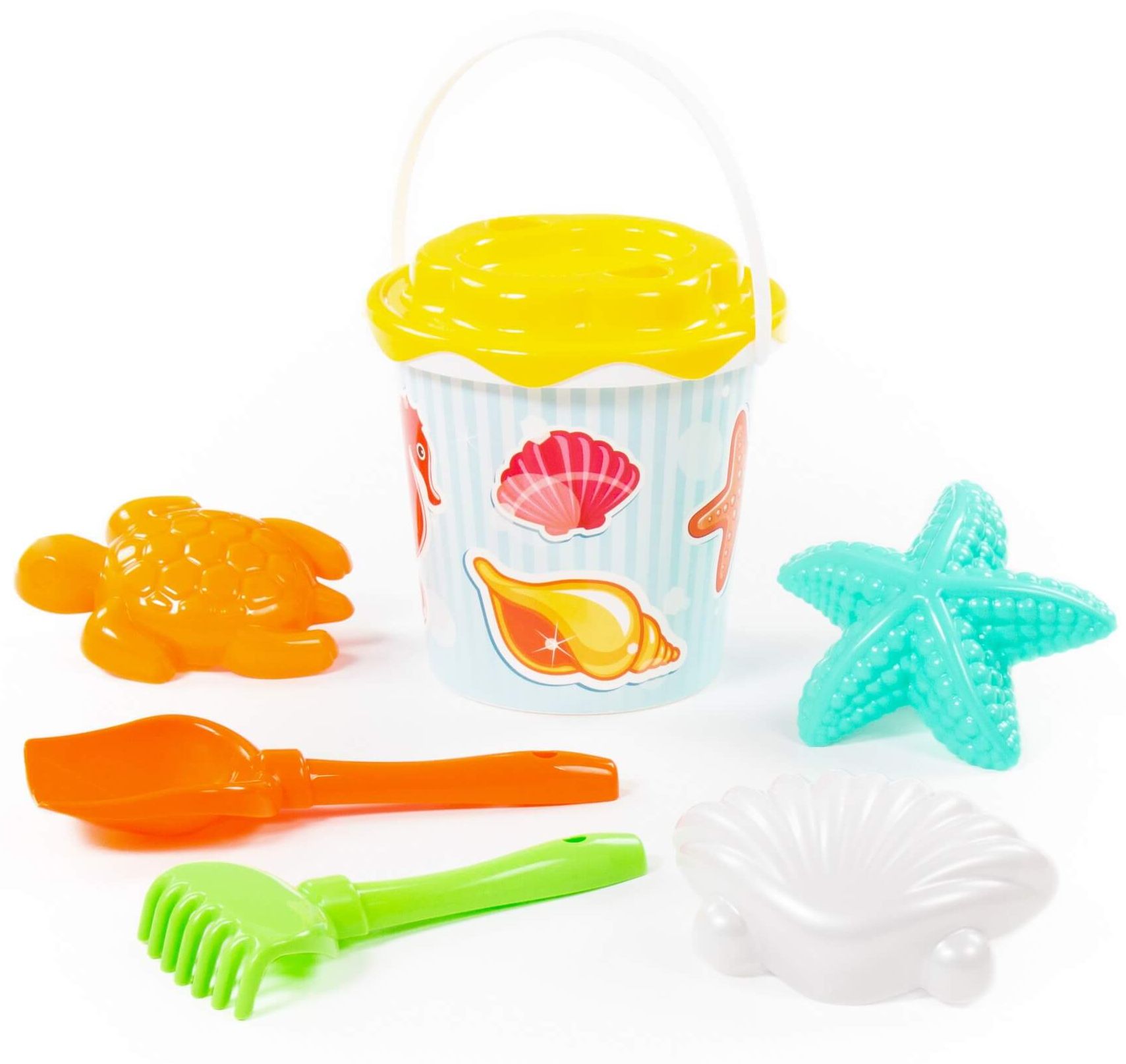 Набор №357: ведро с наклейкой, ситечко "Солнышко", лопатка №5, грабельки №5, формочки (черепаха + морская звезда №1 + ракушка №1)