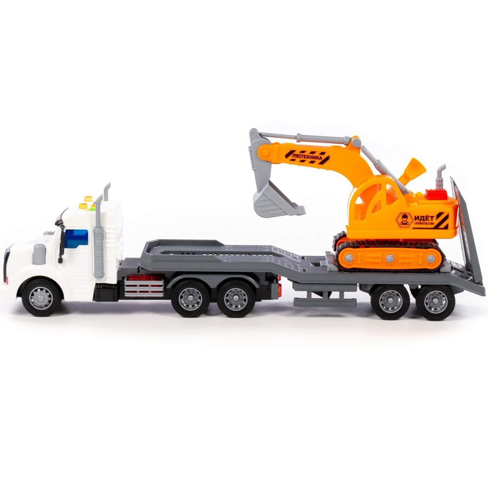 Игрушка тягач с прицепом 51 см - автовоз с экскаватором Профи Полесье  динамо- инерция, свет, 4 звука